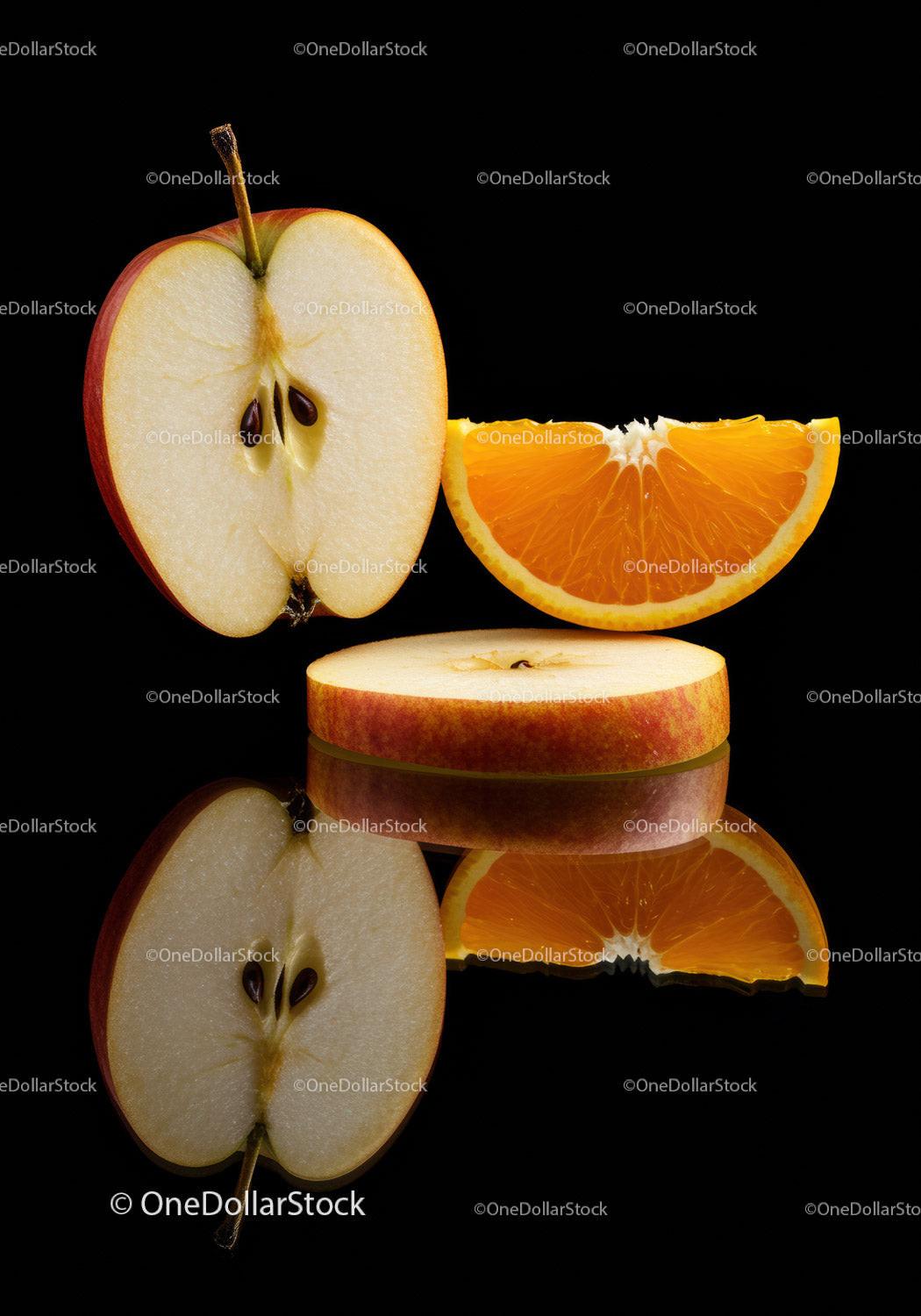 Fresh apple and orange slices with reflective surface