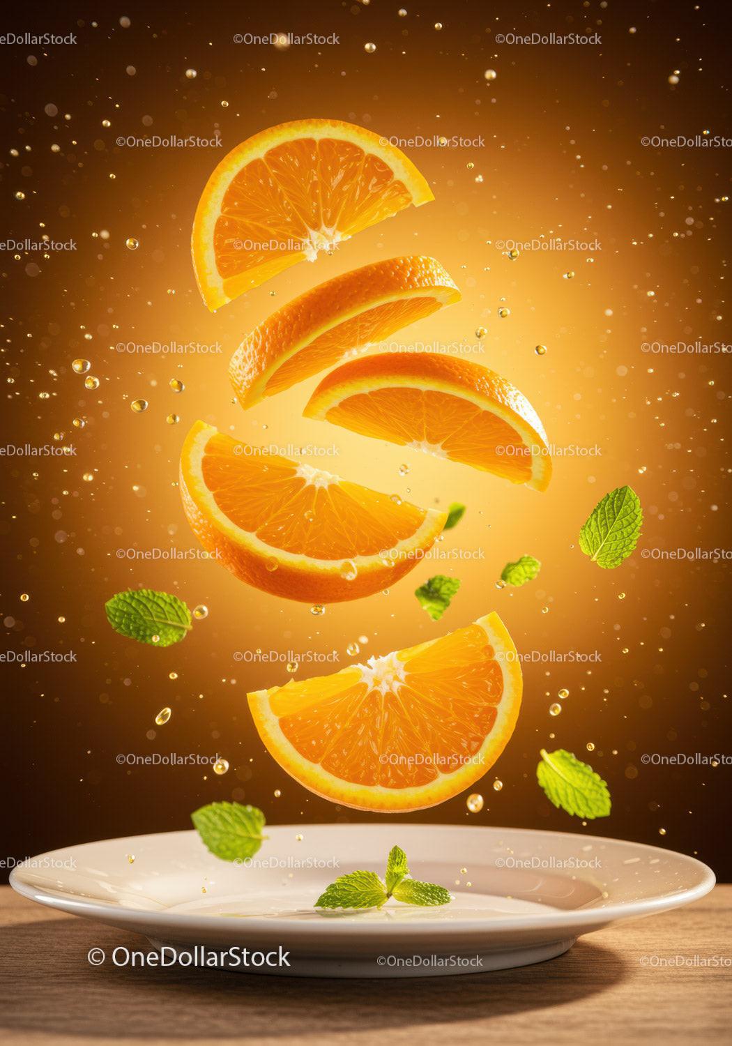 Fresh Orange Slices Floating with Mint Leaves