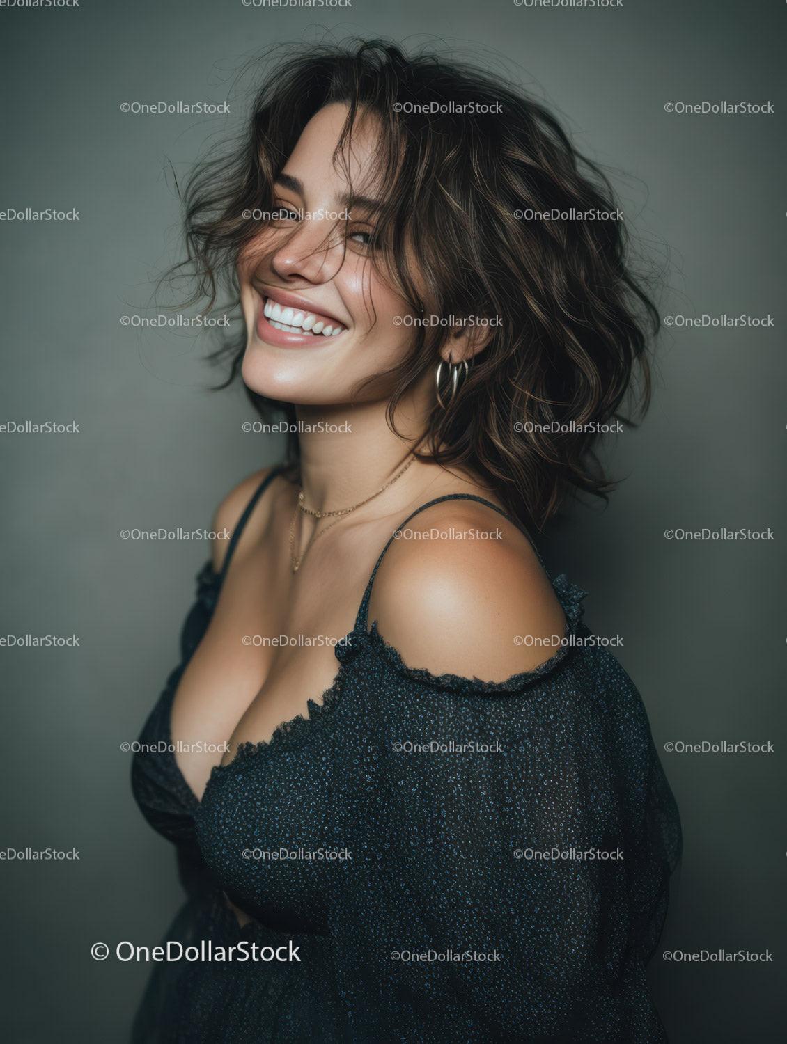 Woman with Short Wavy Hair Smiling in Studio Portrait
