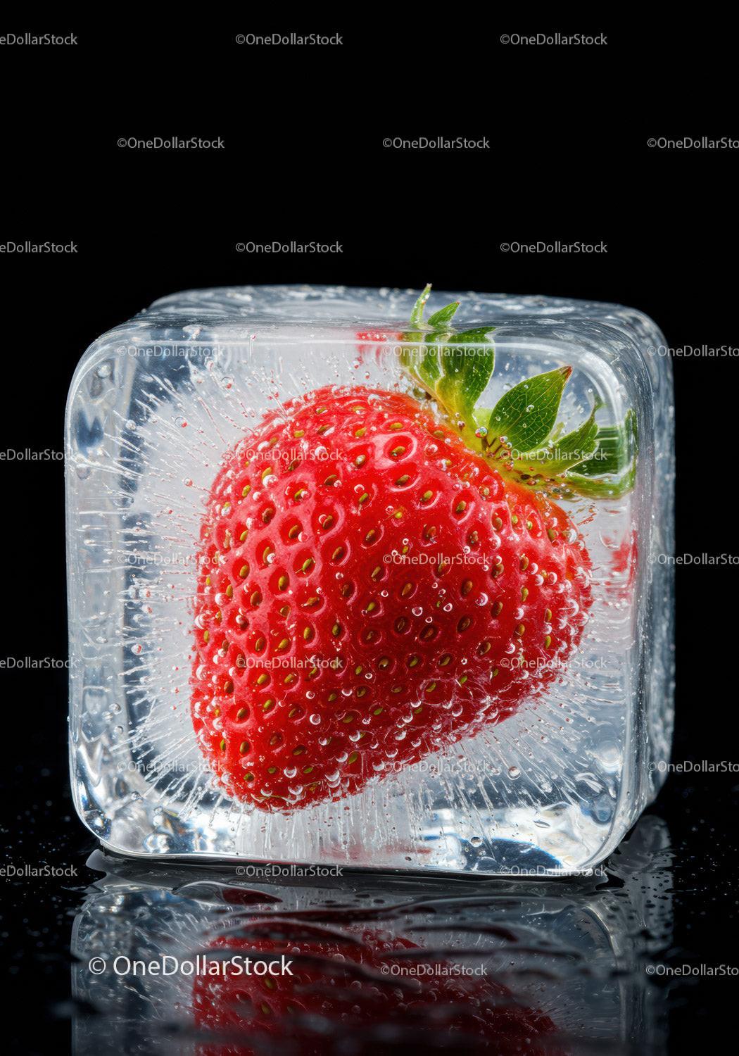 Fresh strawberry frozen inside a clear ice cube