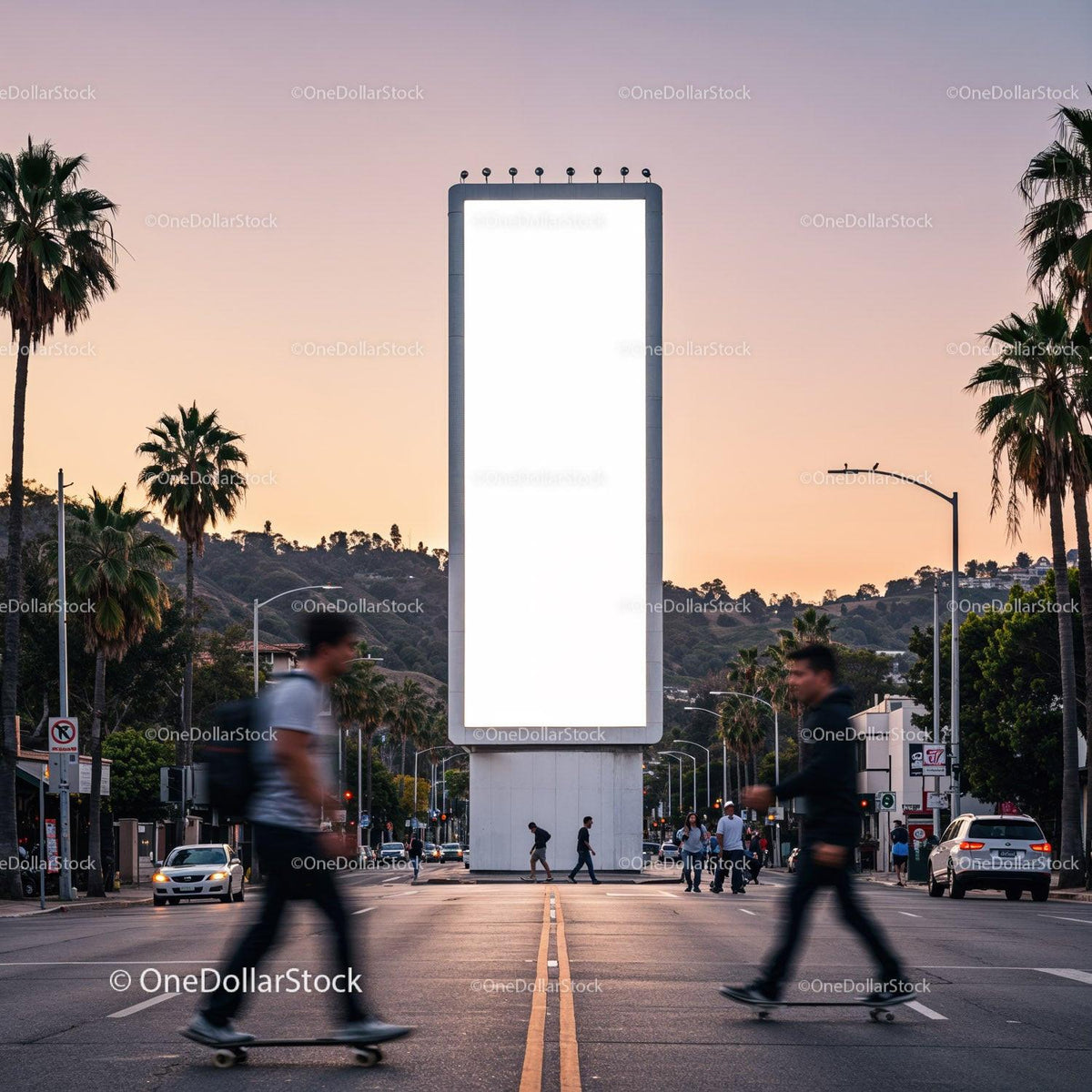 Urban street scene with skateboarders crossing at sunset JPG Mockup Image preview
