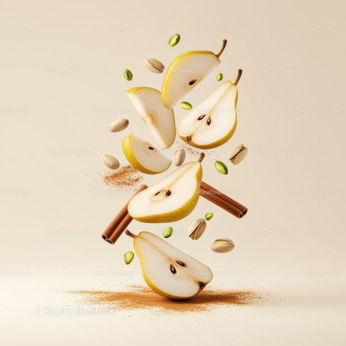 Floating pear slices with pistachios and cinnamon sticks