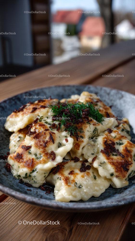 Pan-fried Dumplings with Crispy Edges and Herb Garnish