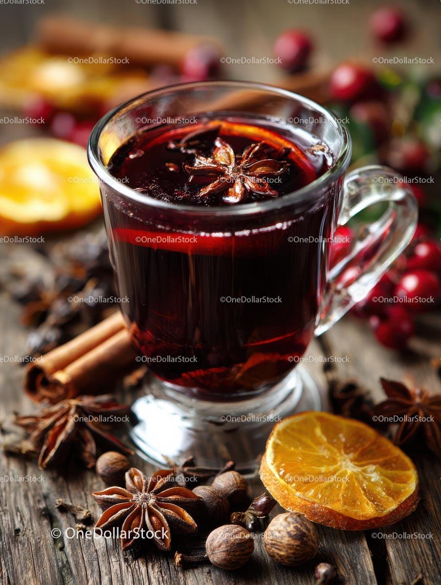 Delicious Mulled Wine with Citrus and Spices in a Glass Mug Stock Photo Bundle preview 10