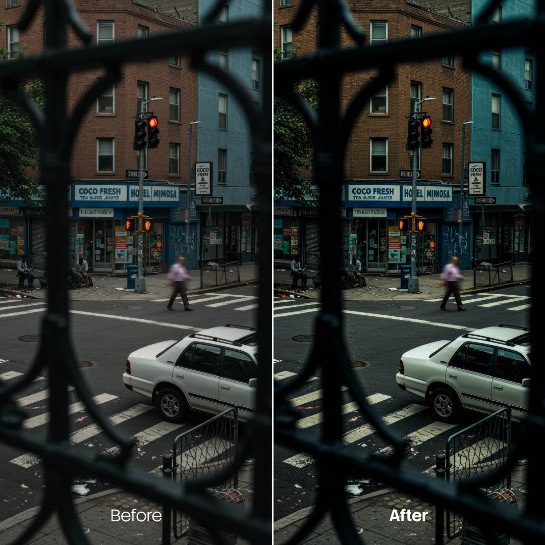 Before and after Cinematic Streets Lightroom preset edit