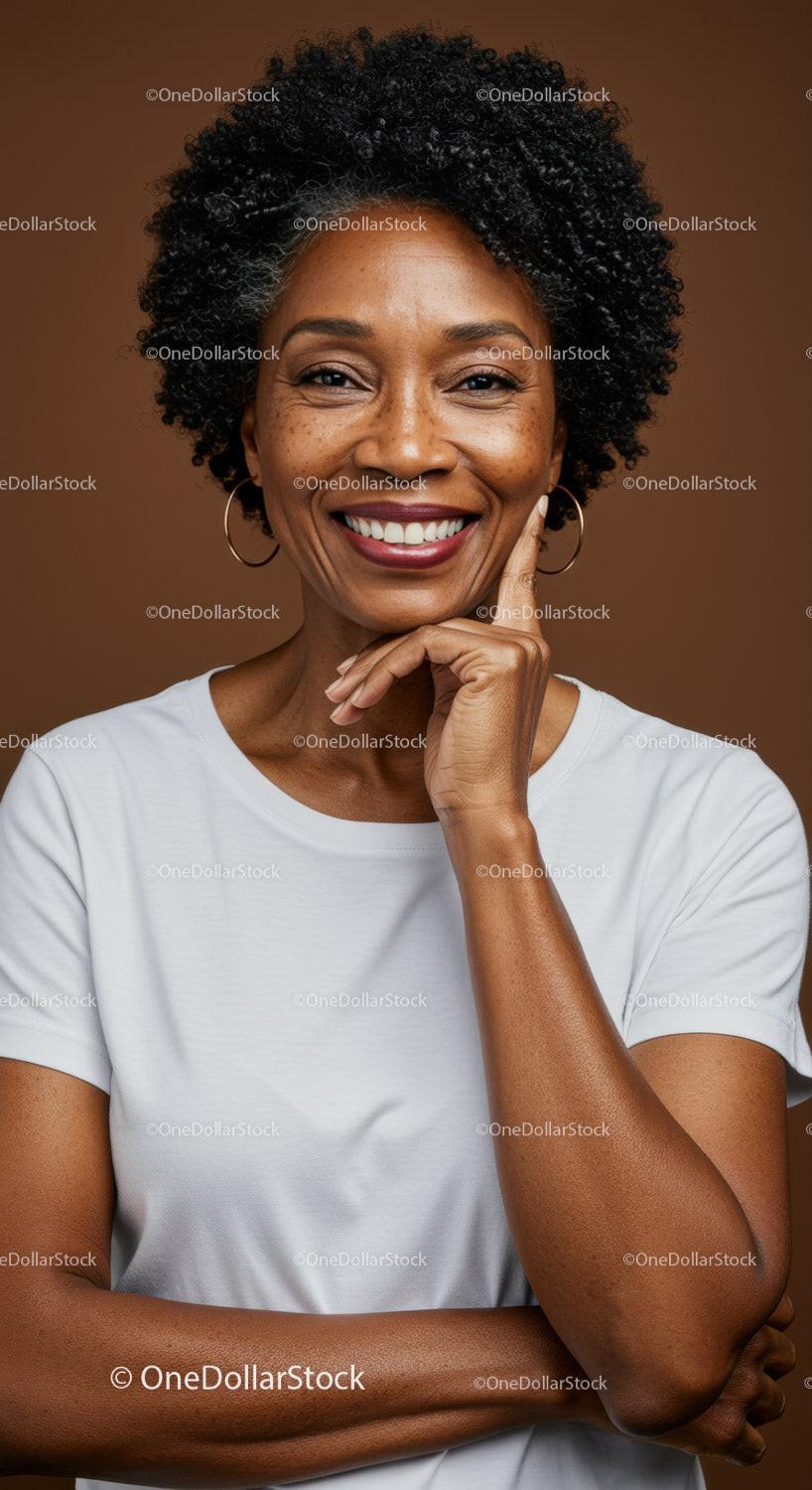 Portrait of Smiling African American Woman with Afro Hair and Hoop Earrings