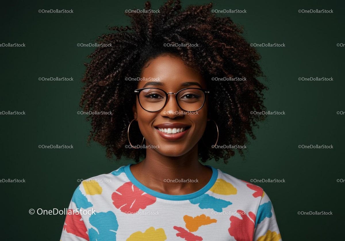 Vibrant Young Woman with Afro Hair and Glasses Wearing Colorful Floral Shirt