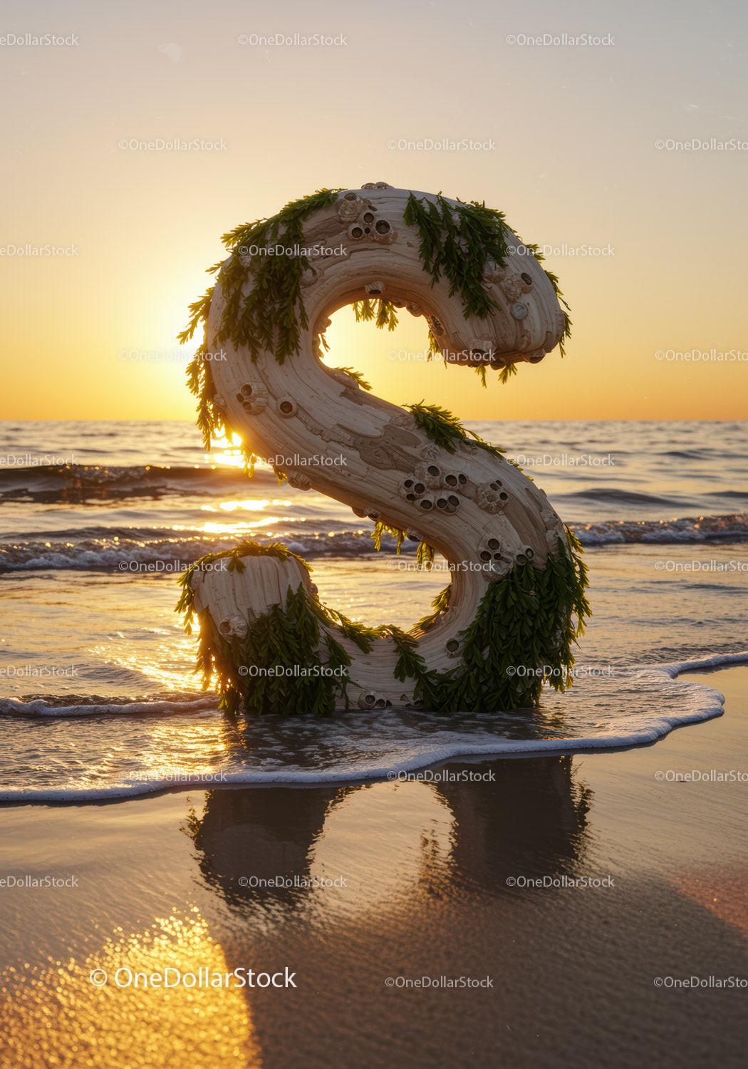 Wooden Letter S with Greenery on Beach at Sunset