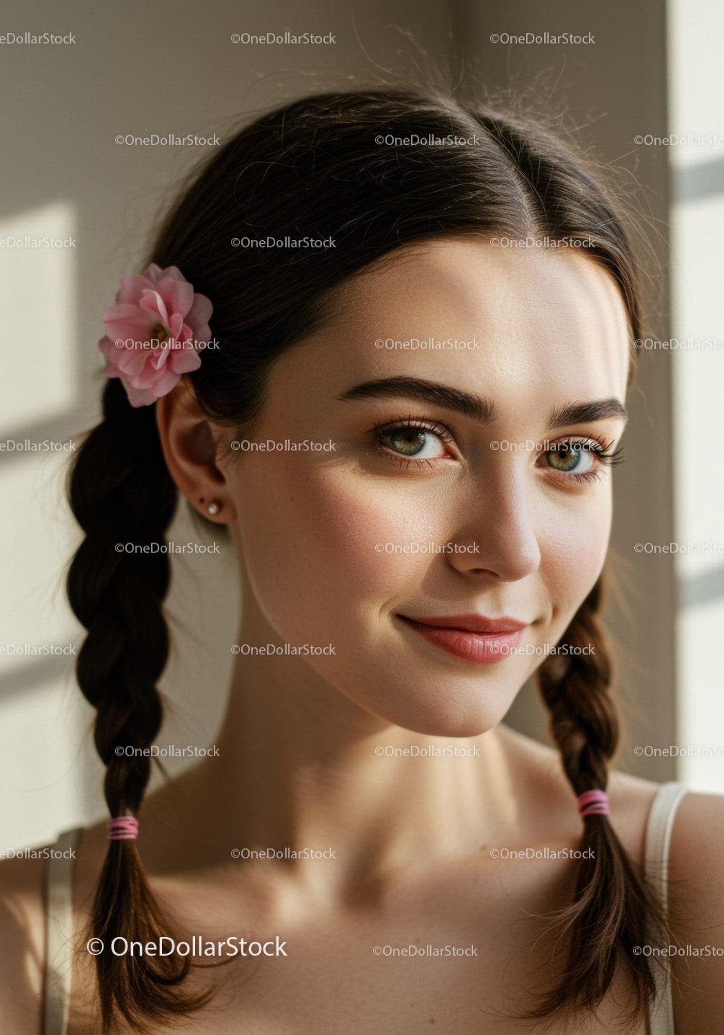 Close-Up Portrait of a Young Woman with Pigtails and Pink Flower