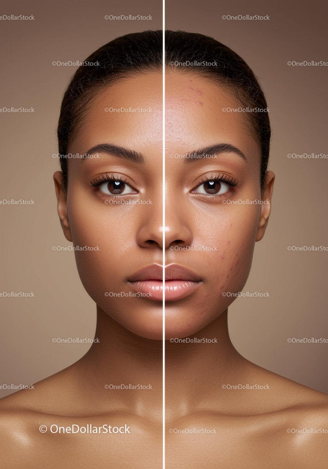 Close-Up Portrait Showing Skin Transformation with Clear and Acne-Prone Skin