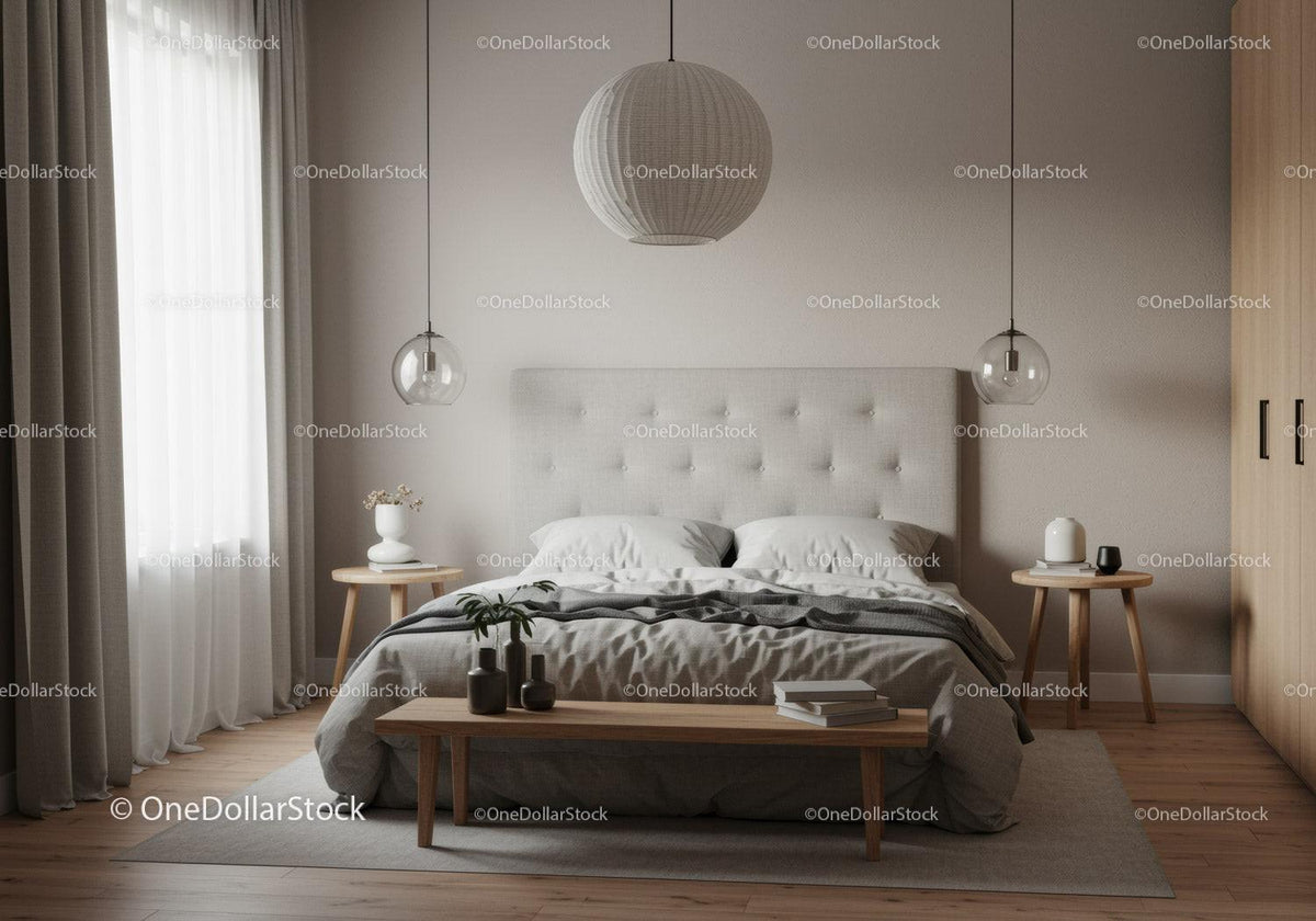 Modern Minimalist Bedroom with White Bedding and Wooden Furniture
