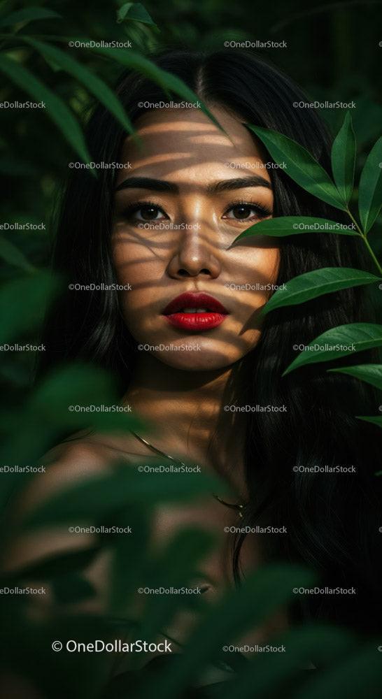 Close-Up Portrait of a Woman Amid Green Foliage with Red Lipstick