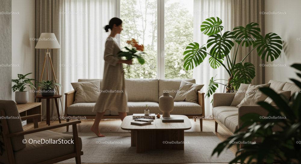 Elegant Woman Walking in a Modern Living Room with Plants Stock Photo Bundle preview 6