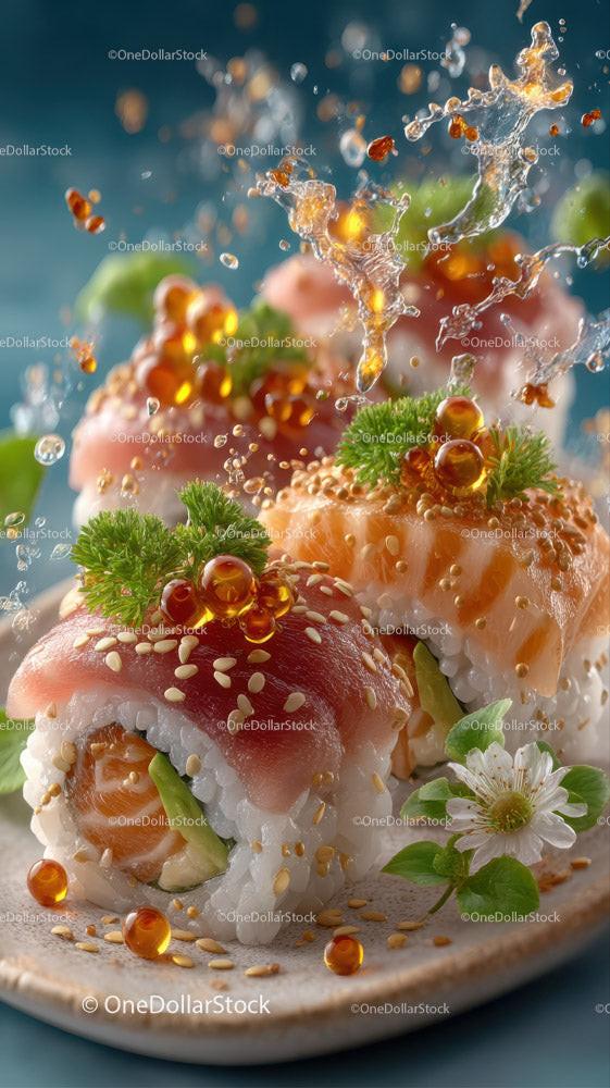 Fresh Sushi Plate with Salmon Tuna Rice Garnishes and Soy Sauce Stock Photo Bundle preview 11
