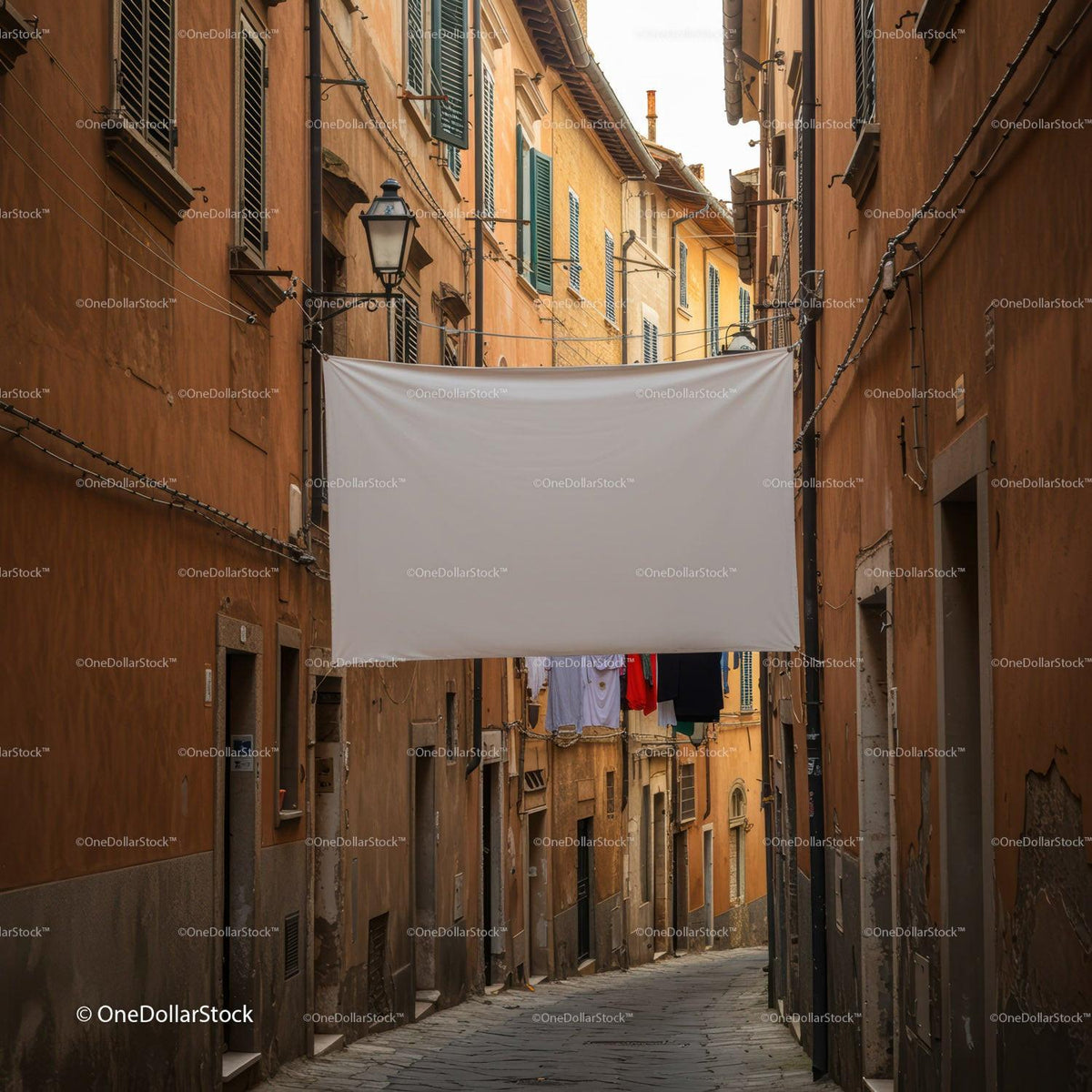 Narrow European Alleyway with Hanging Laundry and Blank Banner JPG Mockup Image preview