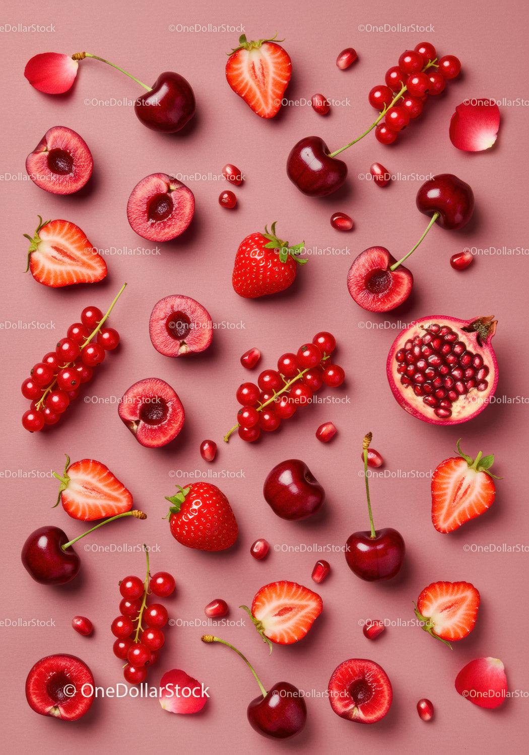 Fresh Mixed Red Berries and Fruits on Pink Surface