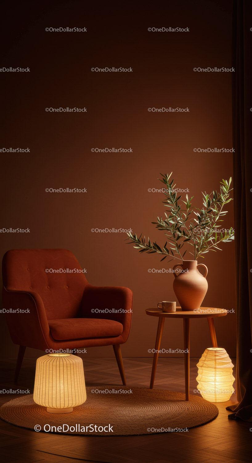 Cozy rustic corner with armchair and warm lighting