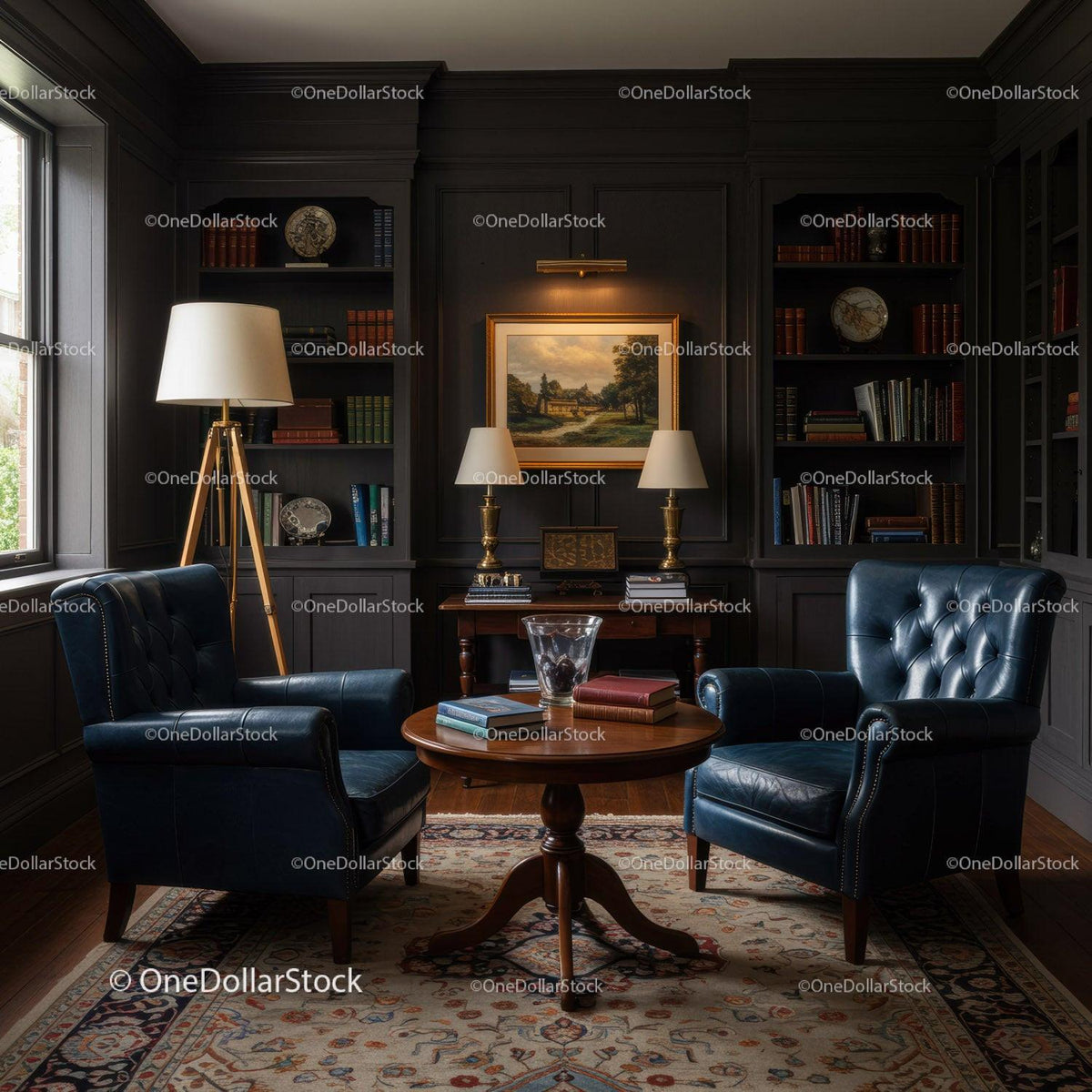 Classic Reading Corner with Leather Armchairs and Bookshelves