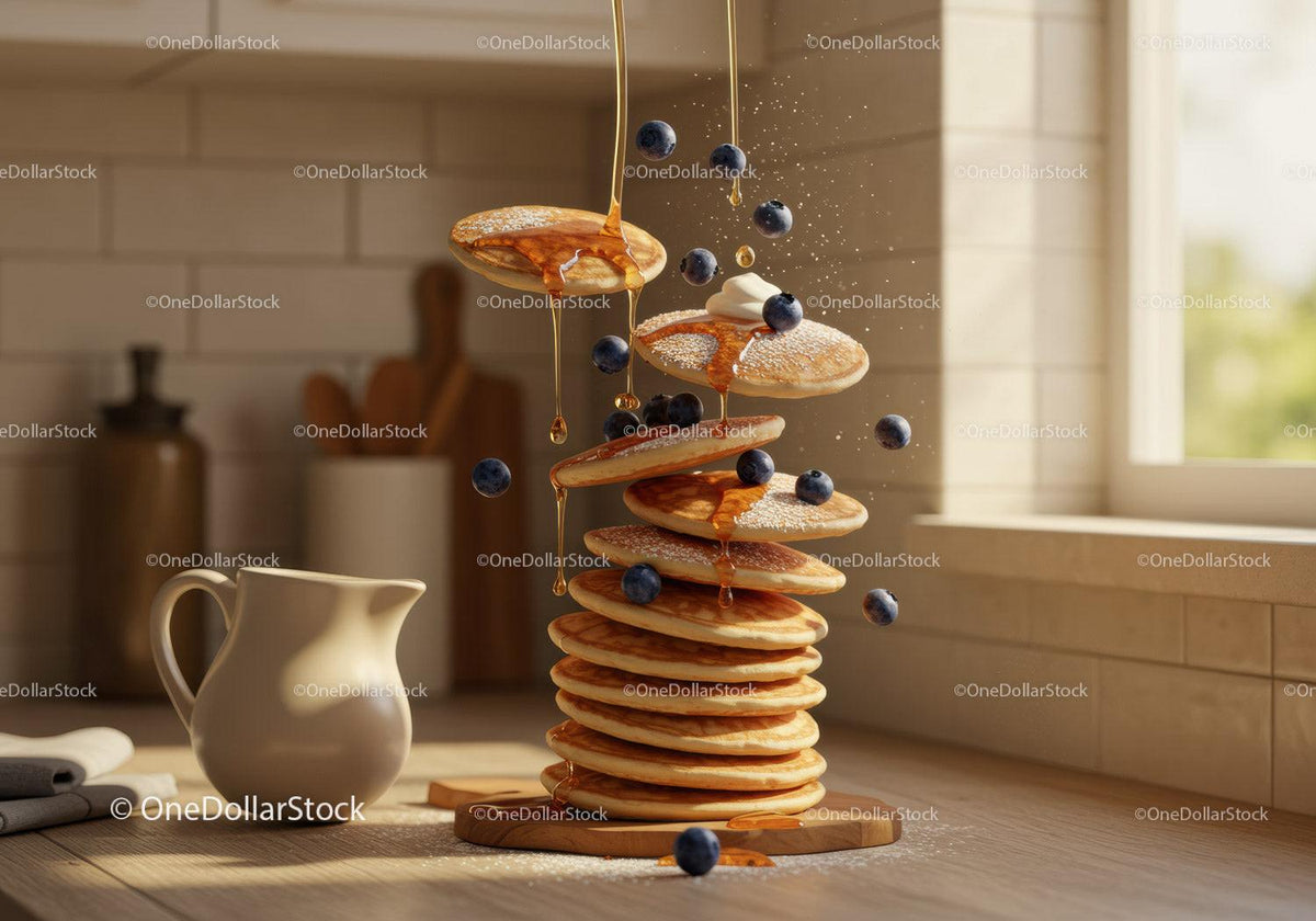 Stack of fluffy pancakes with blueberries and honey drizzle