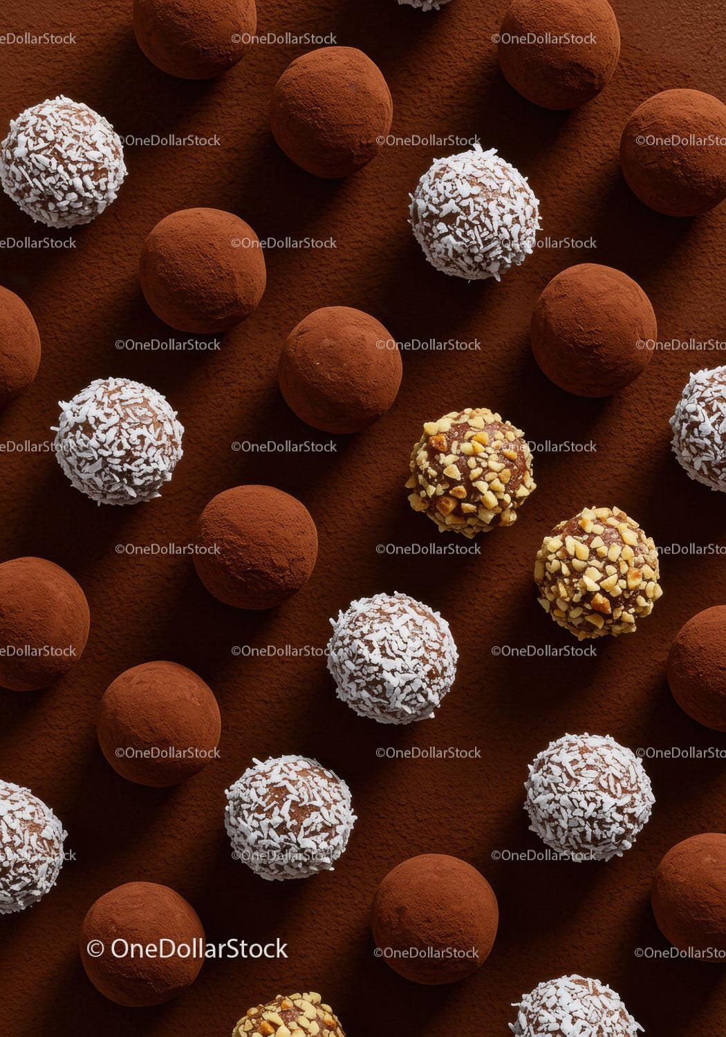 Assorted chocolate truffles with coconut and nuts on cocoa