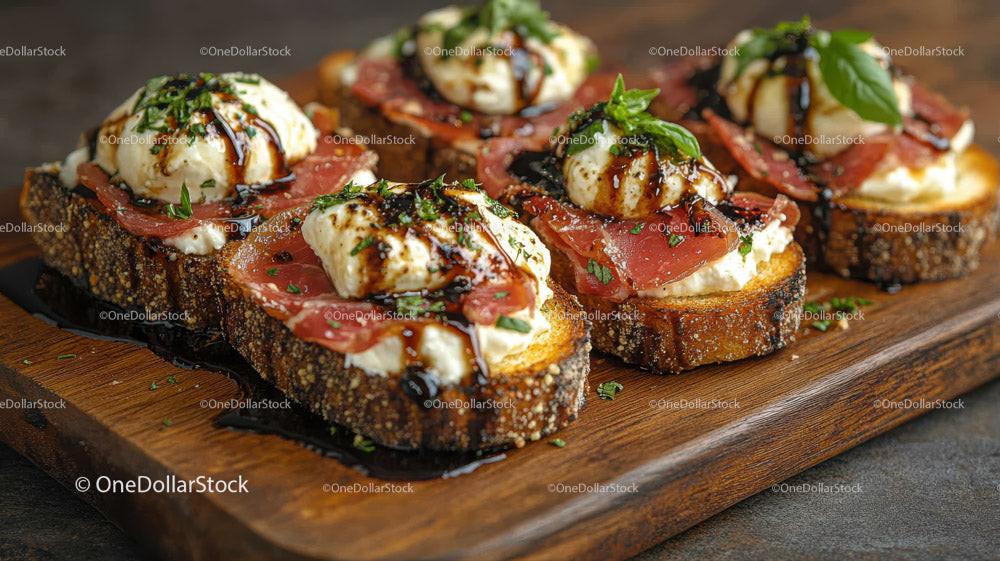 Gourmet Bruschetta with Mozzarella and Prosciutto on Wooden Board