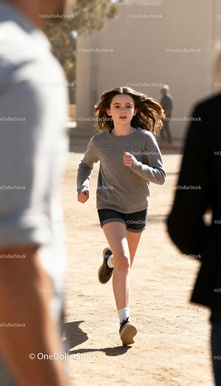 Young girl running outdoors on sunny day