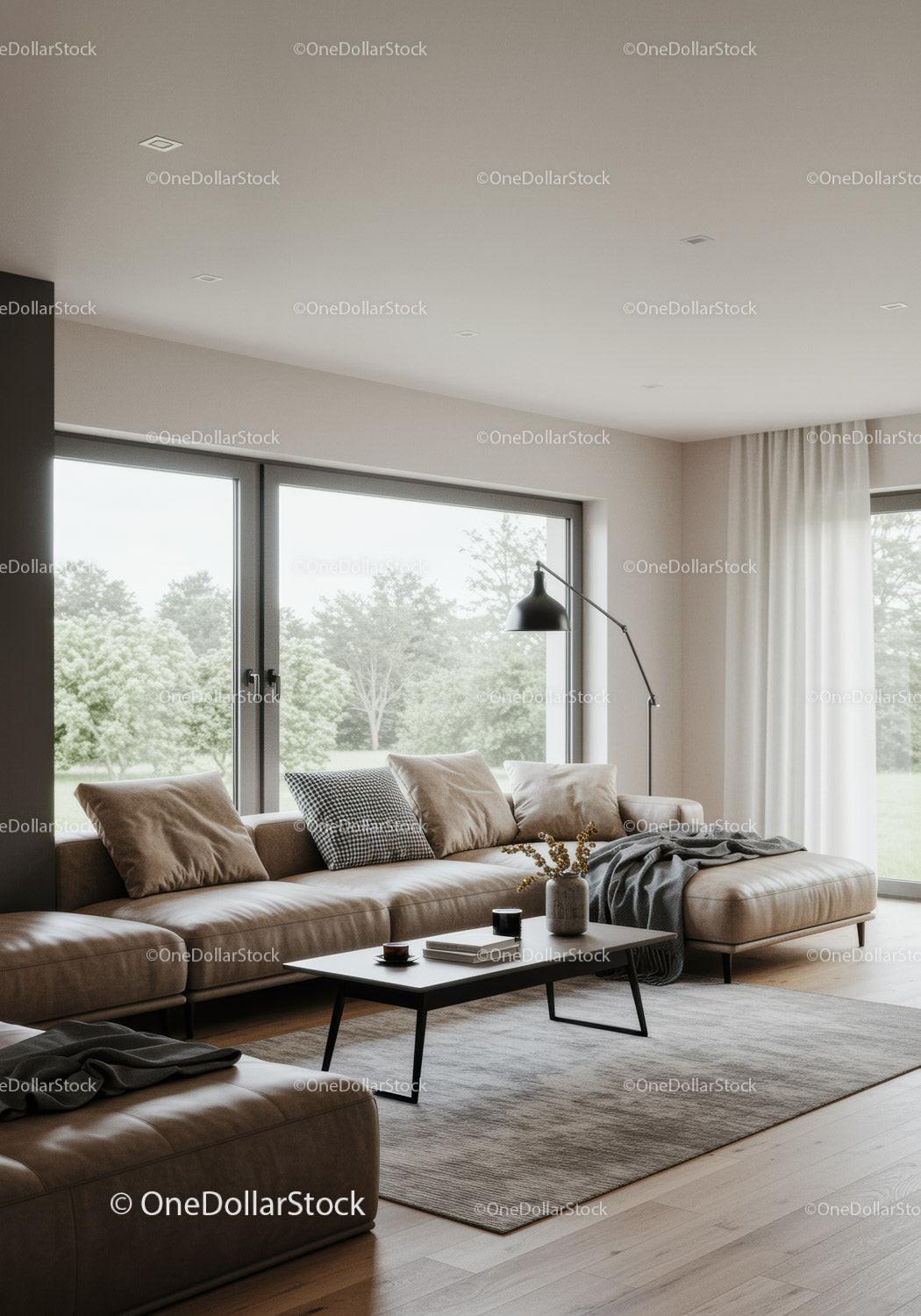 Modern Living Room with Beige Sofa and Floor Lamp