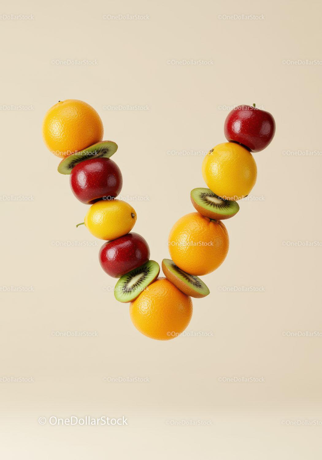 Colorful fresh fruits arranged in V shape on beige
