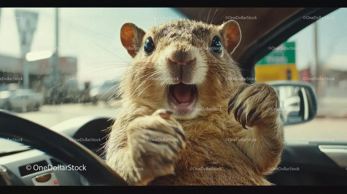 Close-up of a small furry rodent with raised paws inside a car cabin
