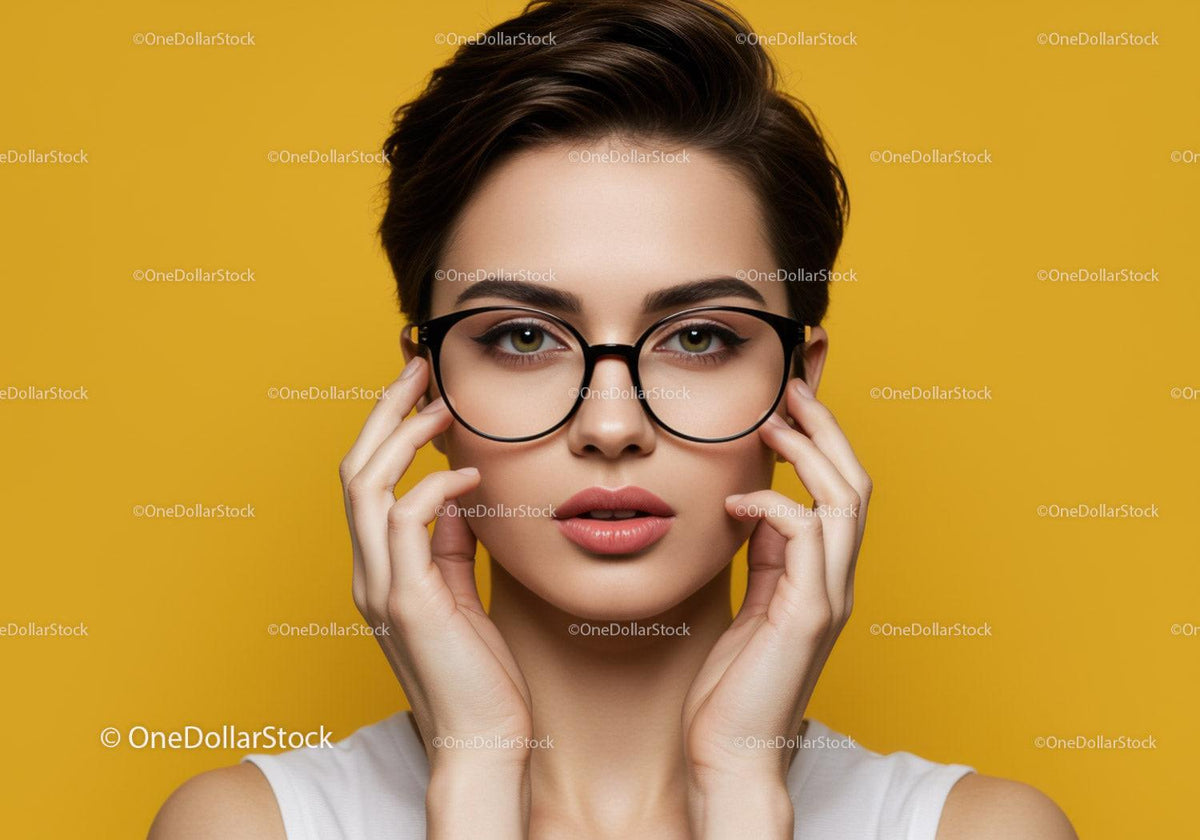 Chic Young Woman in Glasses with Bold Expression on Bright Yellow Background