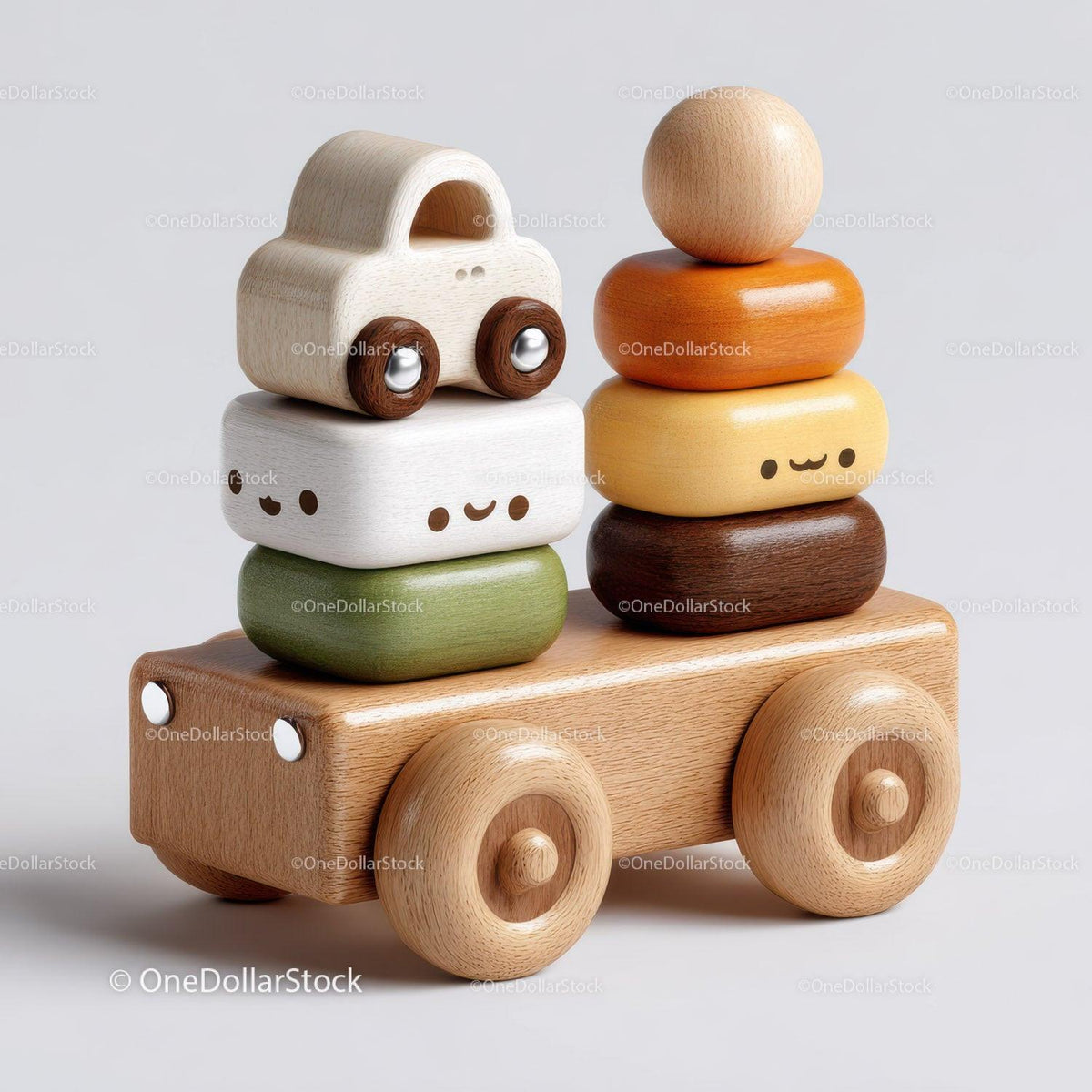 Wooden toy car with colorful stacking blocks that have smiling faces