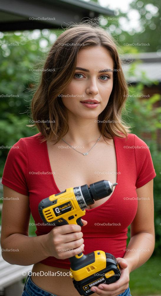 Young Woman Holding Power Drill in Garden Setting 8 JPG Files digital asset preview