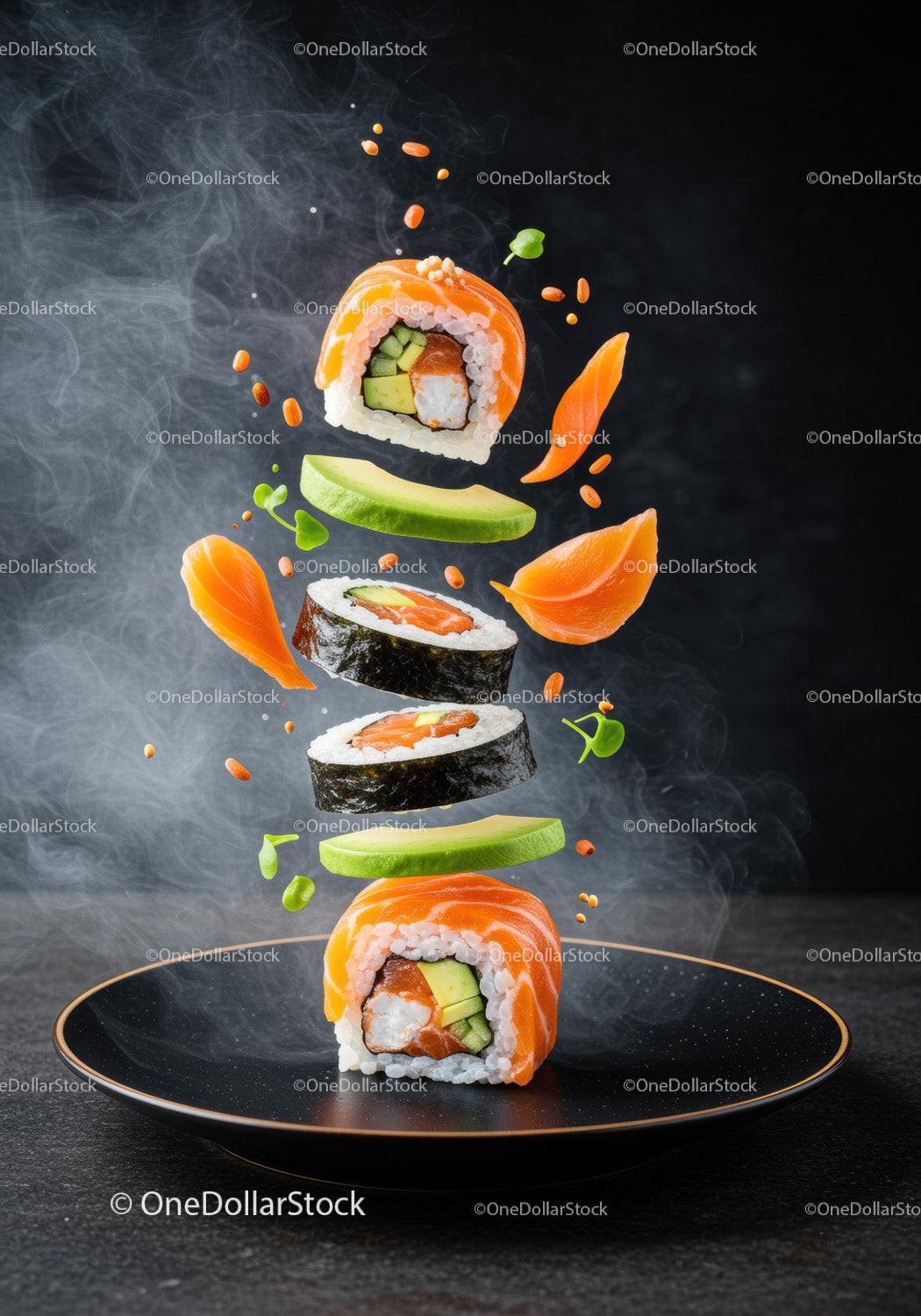 Fresh salmon sushi rolls with avocado and greens floating