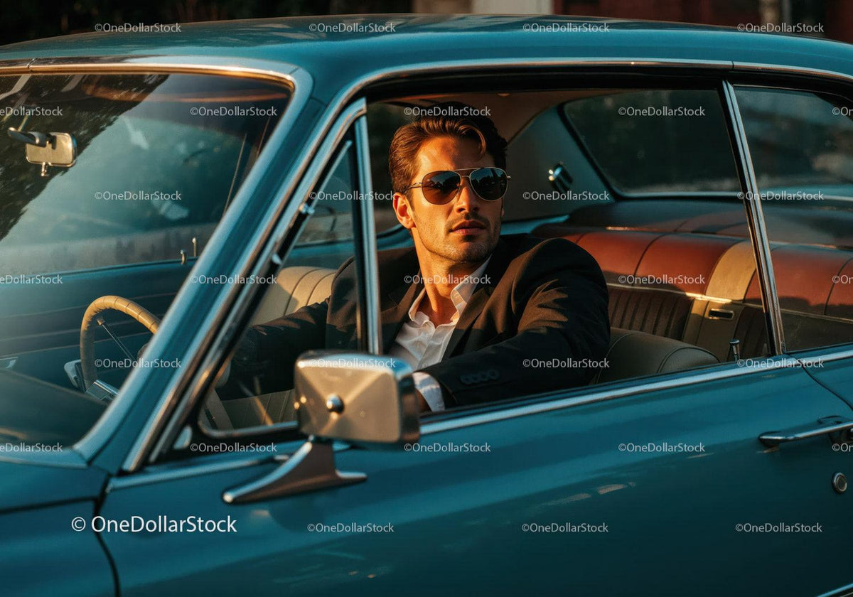 Stylish Man in Sunglasses Sitting in Classic Vintage Car at Sunset Stock Photo Bundle preview 44