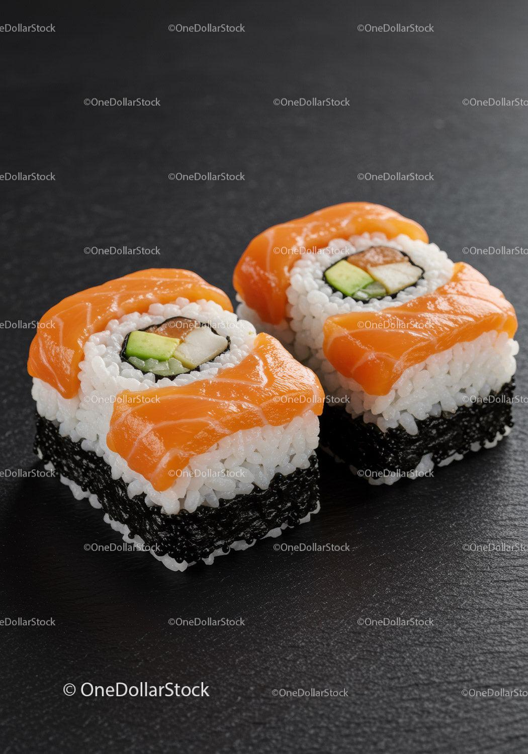 Fresh salmon sushi rolls with avocado and seaweed