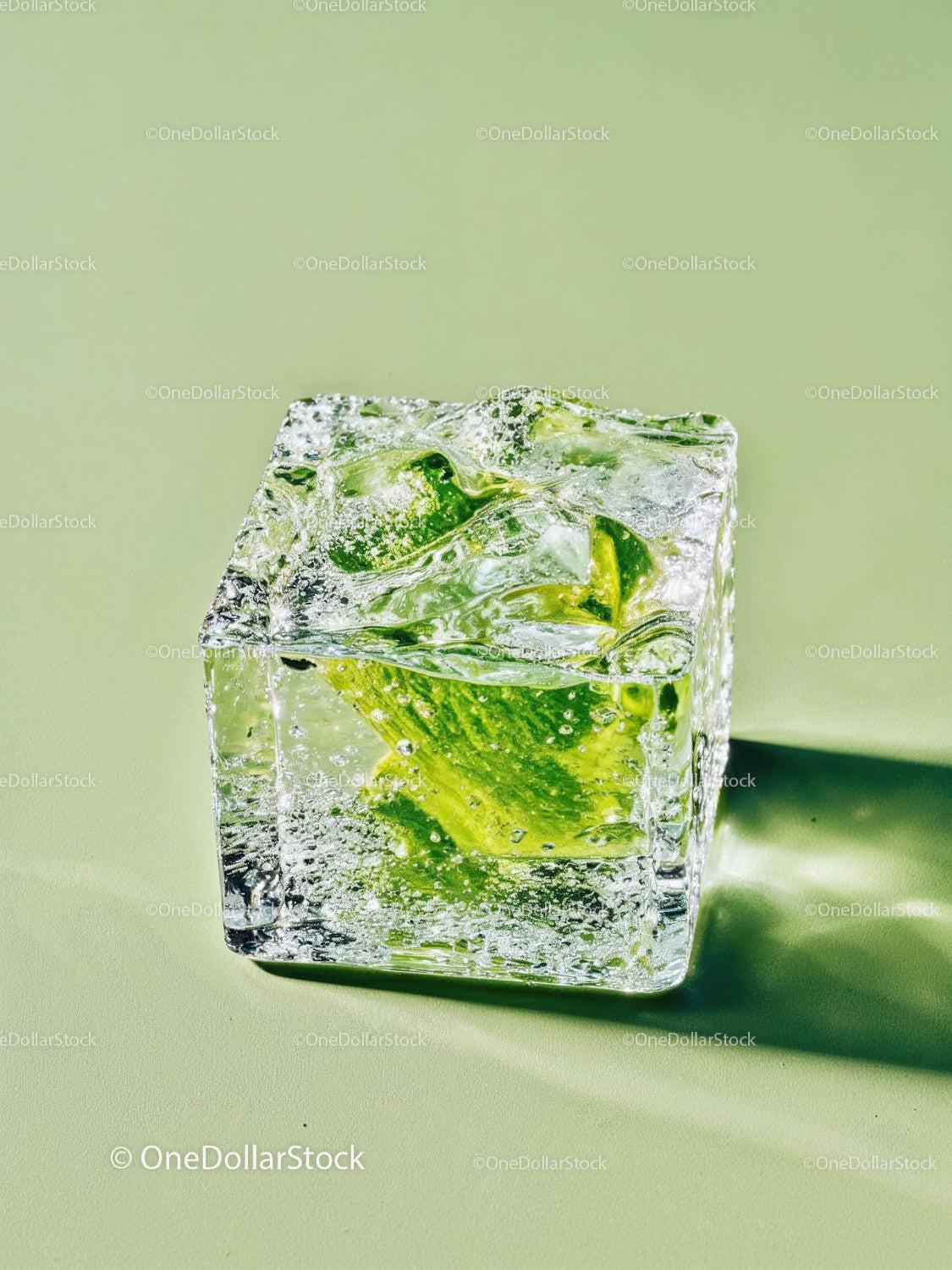 Fresh mint leaf encased in crystal clear ice cube
