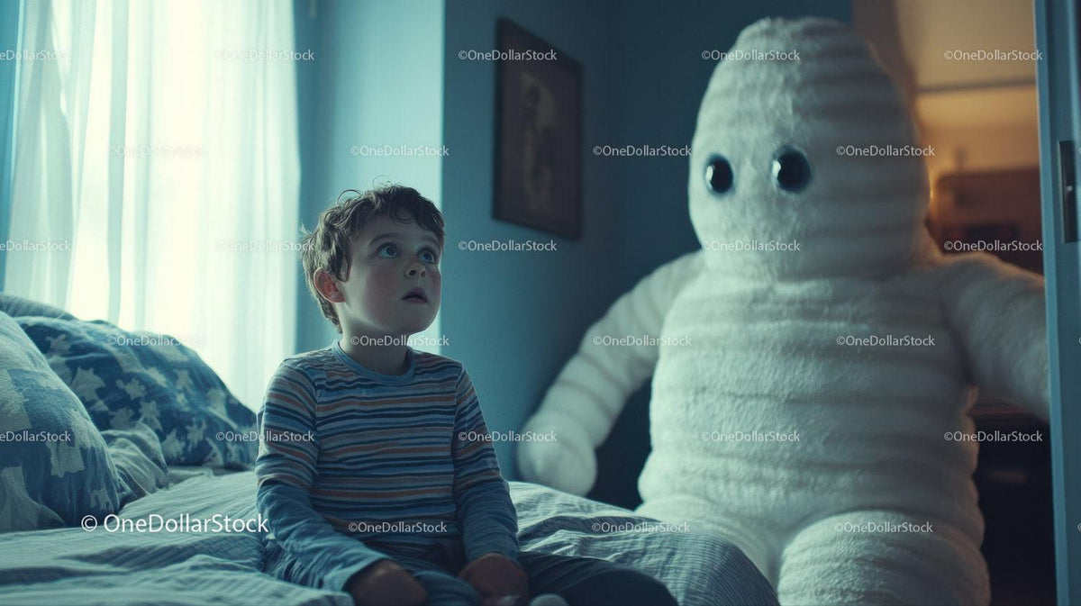 Young boy in striped pajamas sitting on bed next to large white plush toy with big eyes