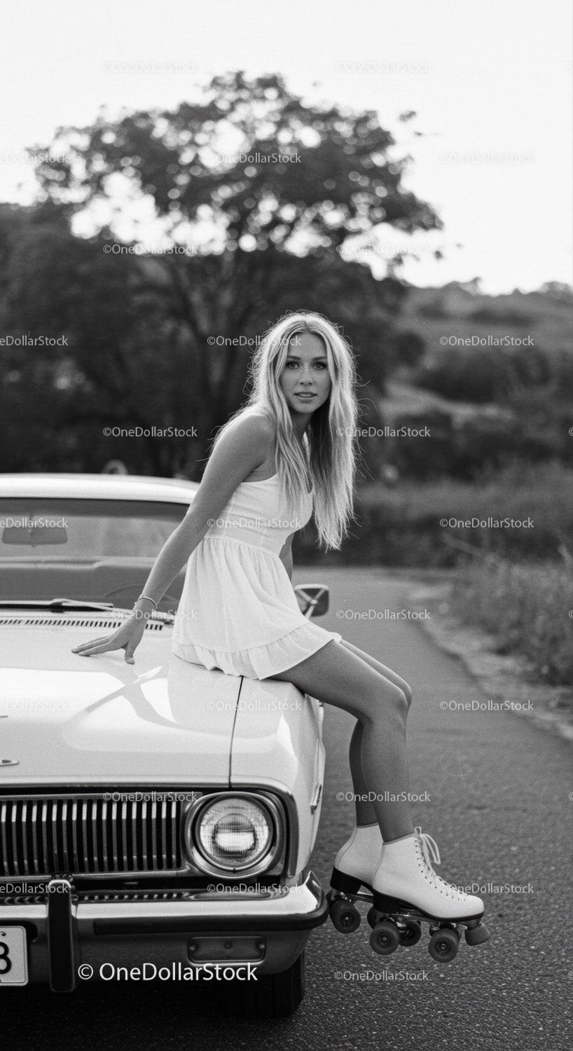 Young woman in dress and roller skates on vintage car