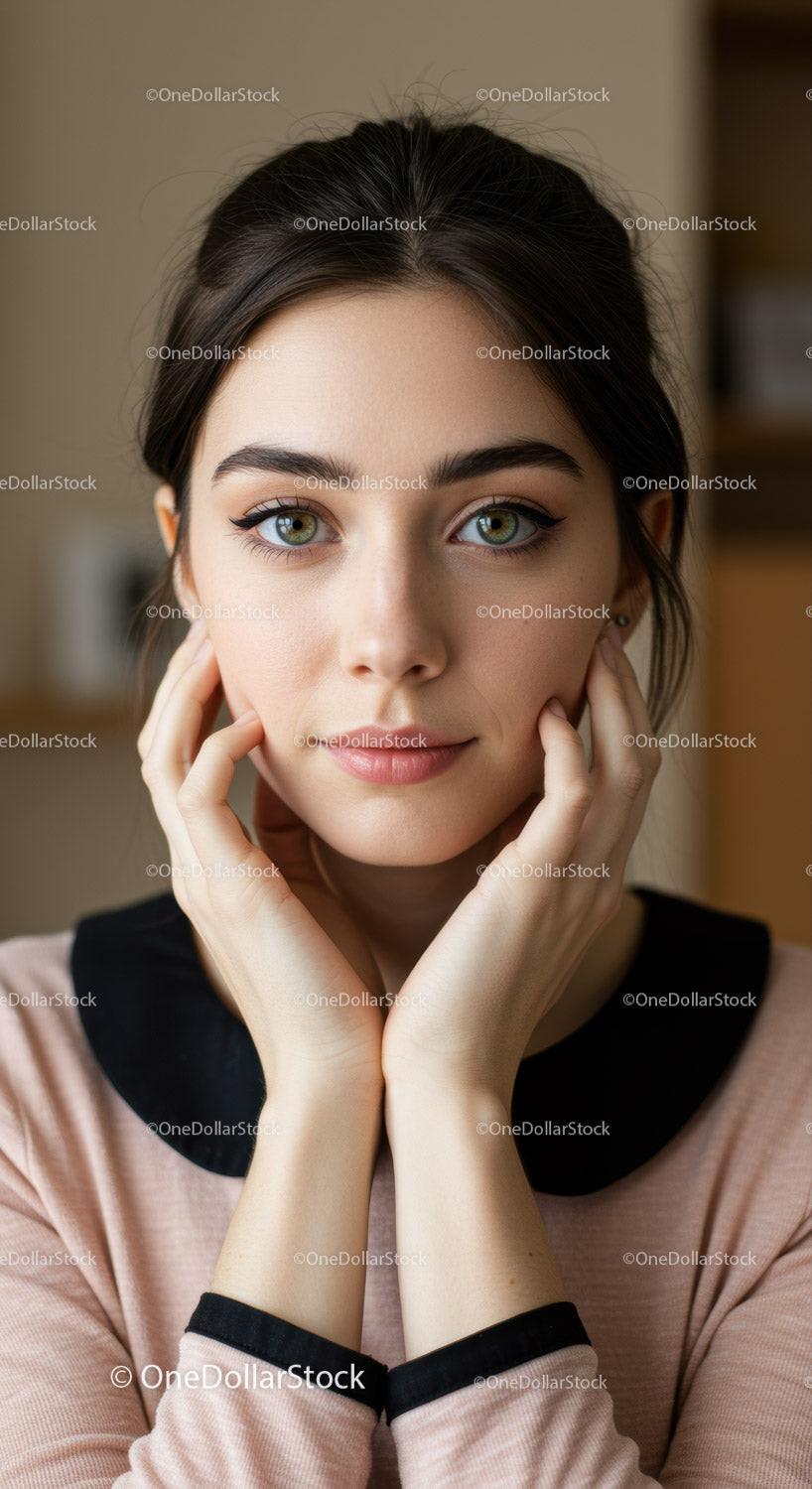 Elegant Young Woman with Blue Eyes and Dark Hair in Indoor Portrait