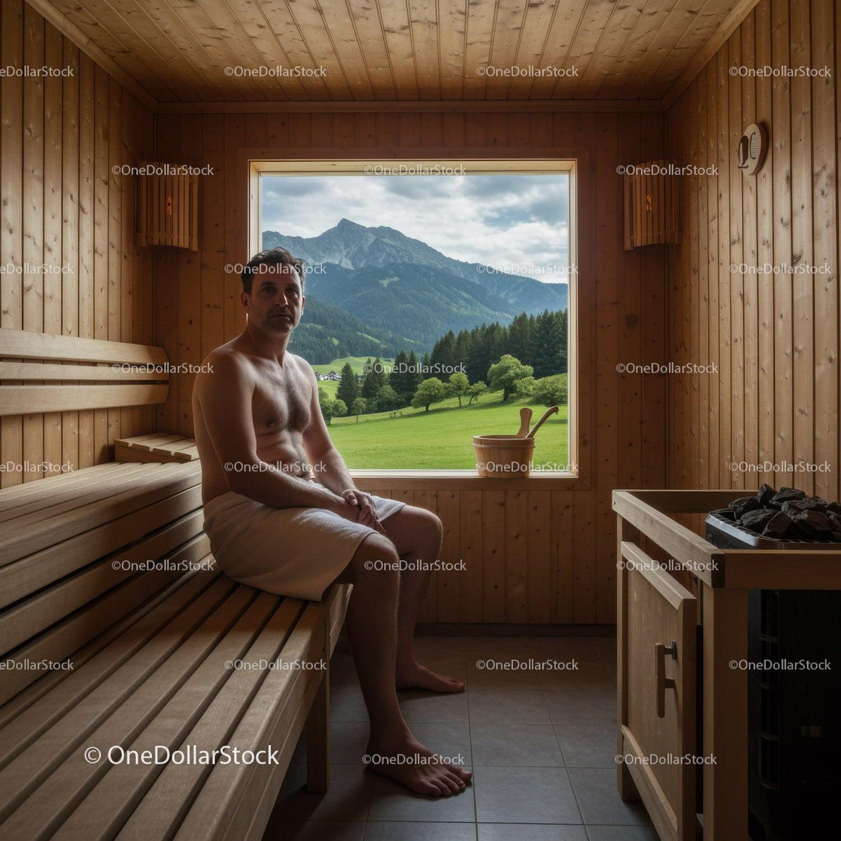Man Relaxing in Wooden Sauna with Mountain View and Green Landscape