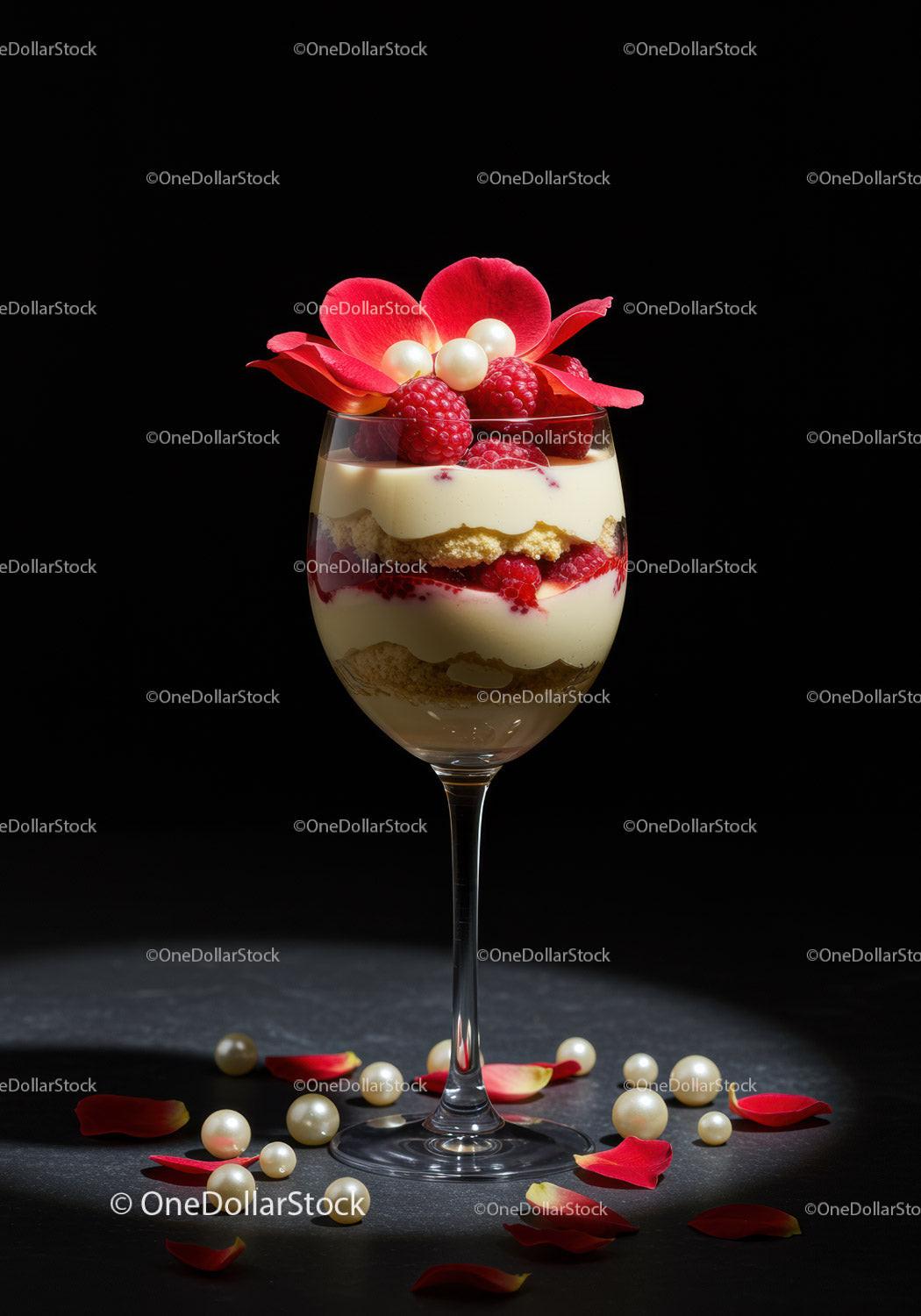 Elegant Raspberry Dessert with Cream and Rose Petals