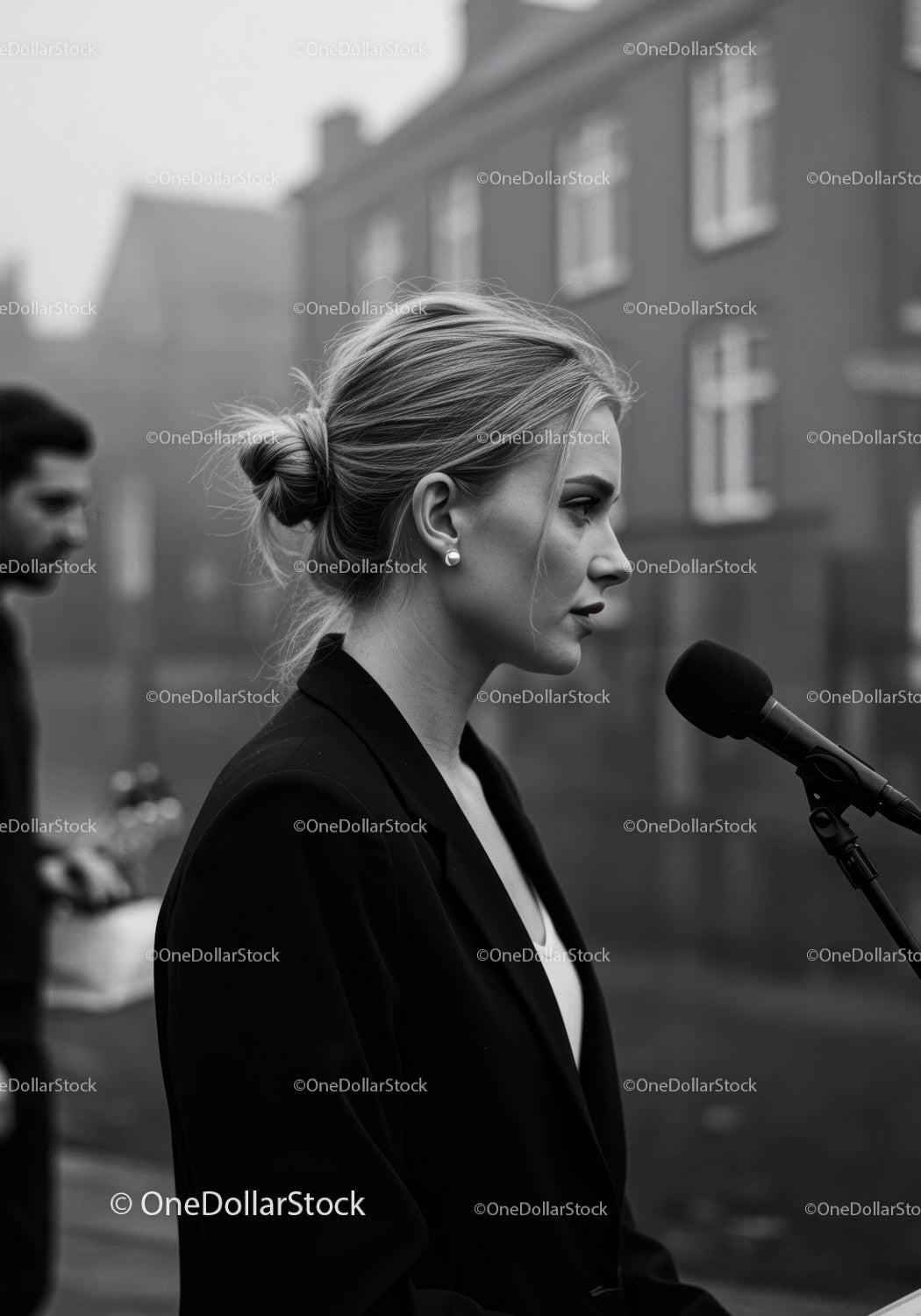 Elegant Blonde Woman in Black Blazer Speaking Into Microphone Outdoors