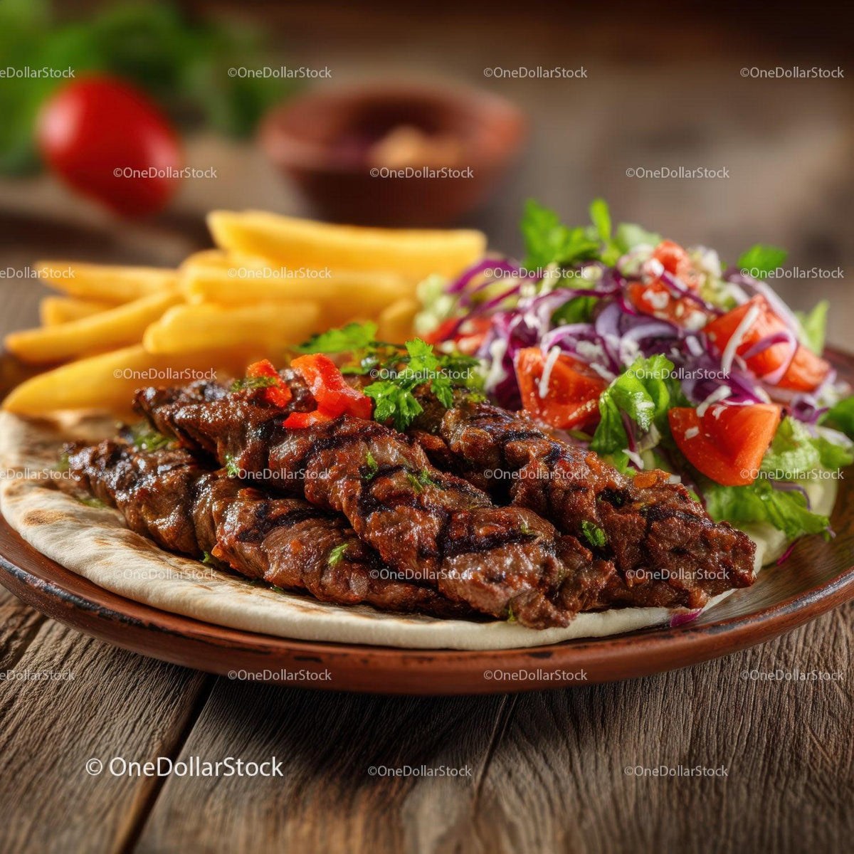 Grilled Lamb Kebabs with Fresh Salad and French Fries on Rustic Plate