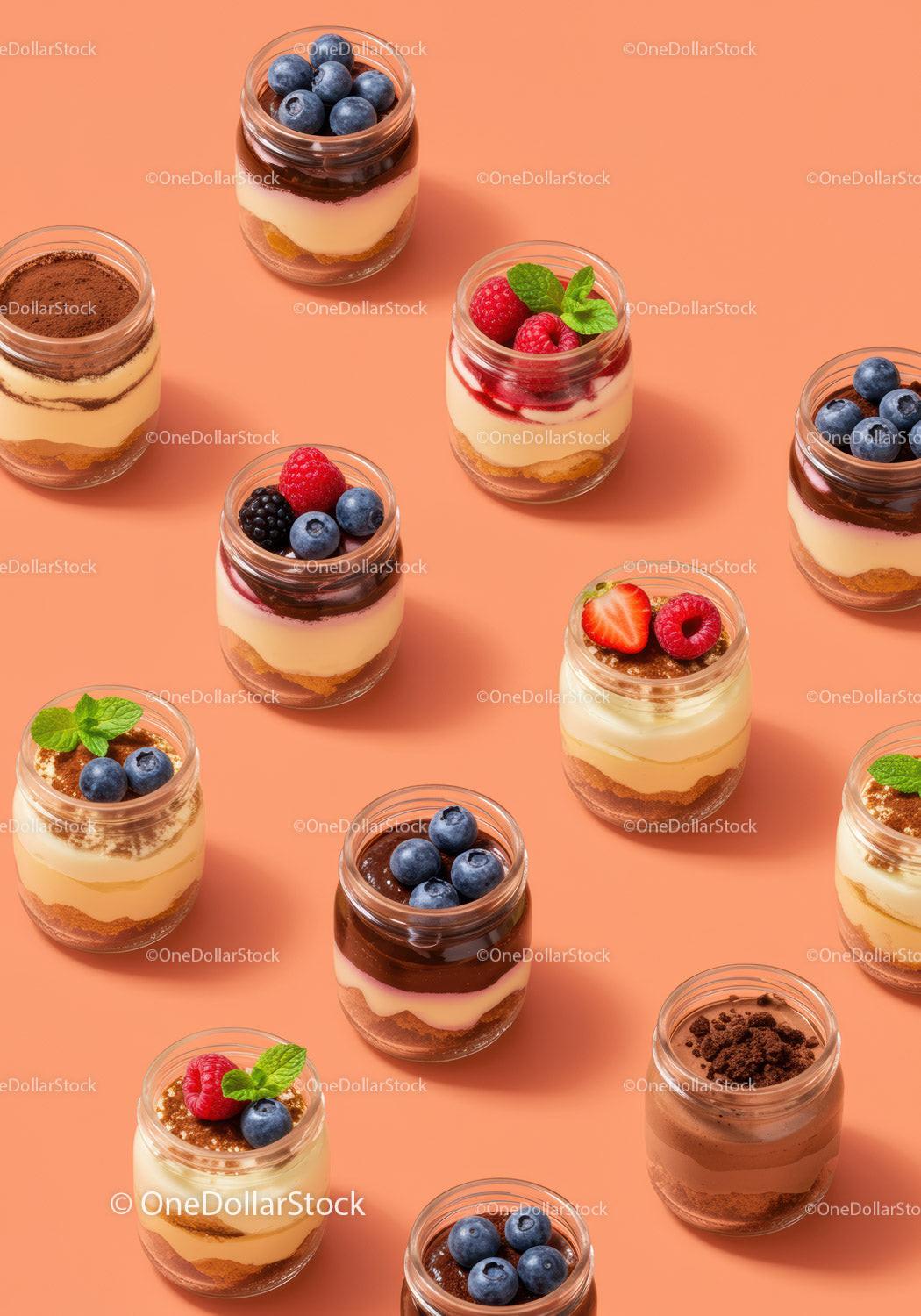 Assorted layered desserts with fresh berries in jars