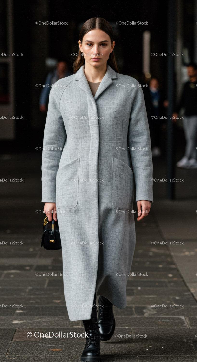 Elegant Woman in Long Gray Coat Walking on City Street