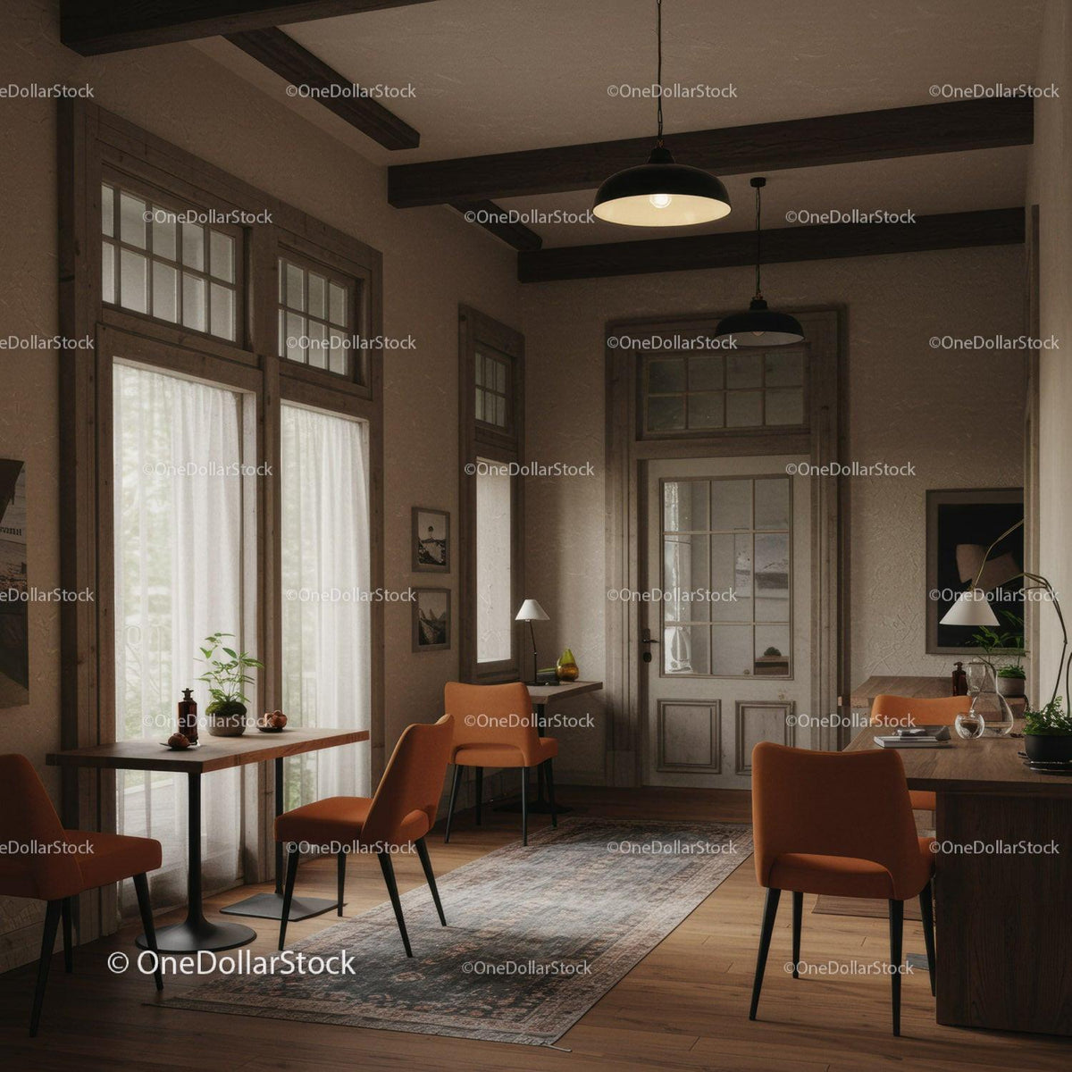 Rustic Living Room with Wooden Furniture and Warm Lighting