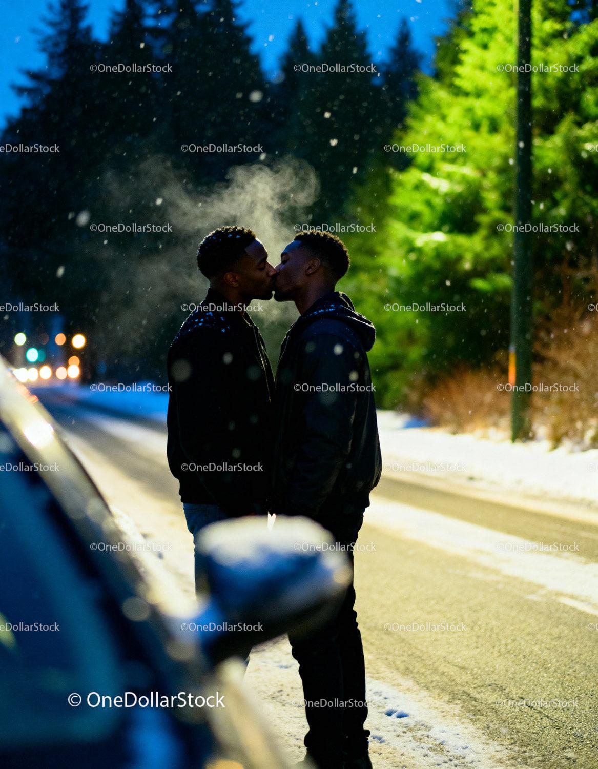 Two Men Sharing a Kiss on a Snowy Evening Street