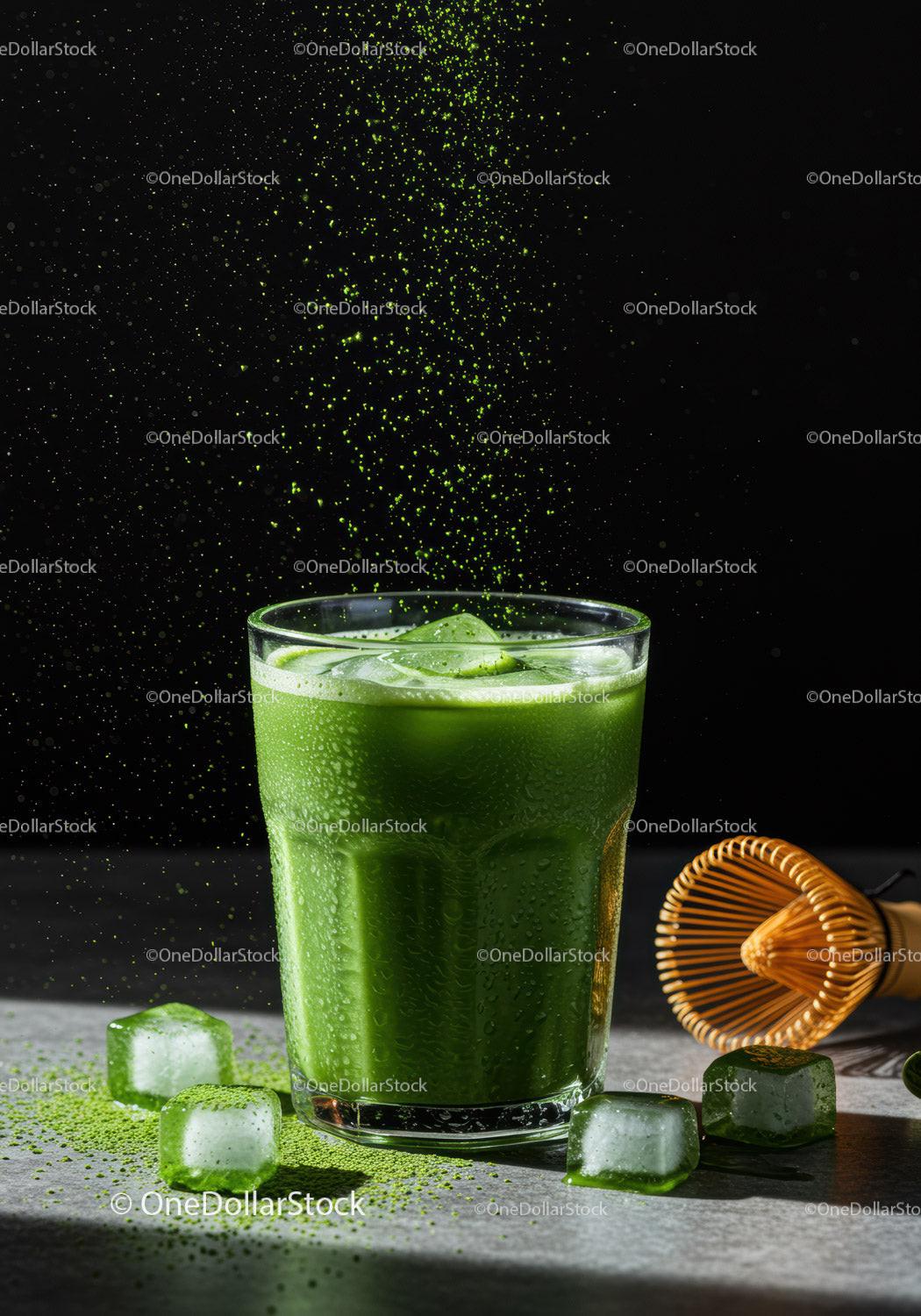 Refreshing iced matcha tea with bamboo whisk and powder