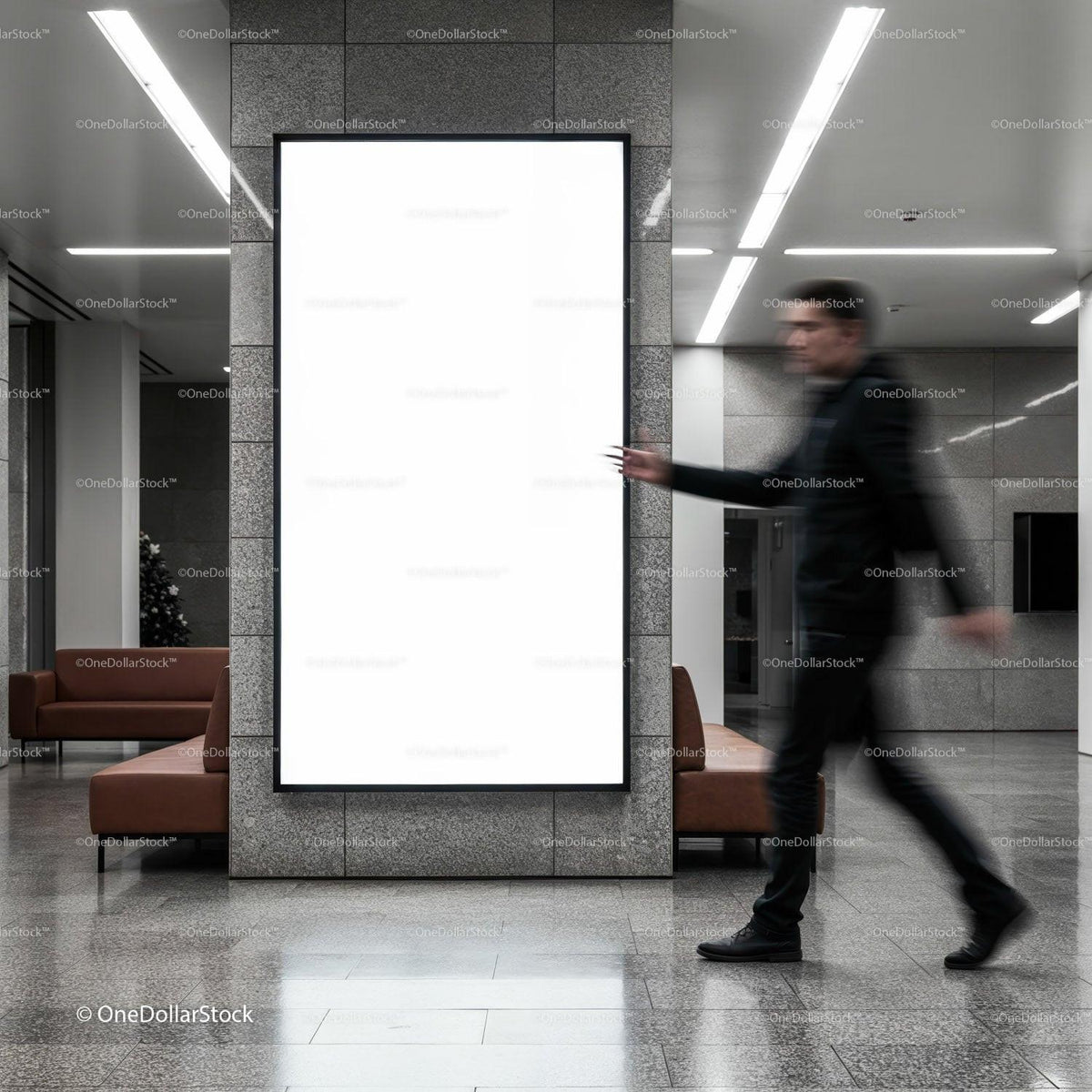Blurred man walking past blank vertical advertising board JPG Mockup Image preview