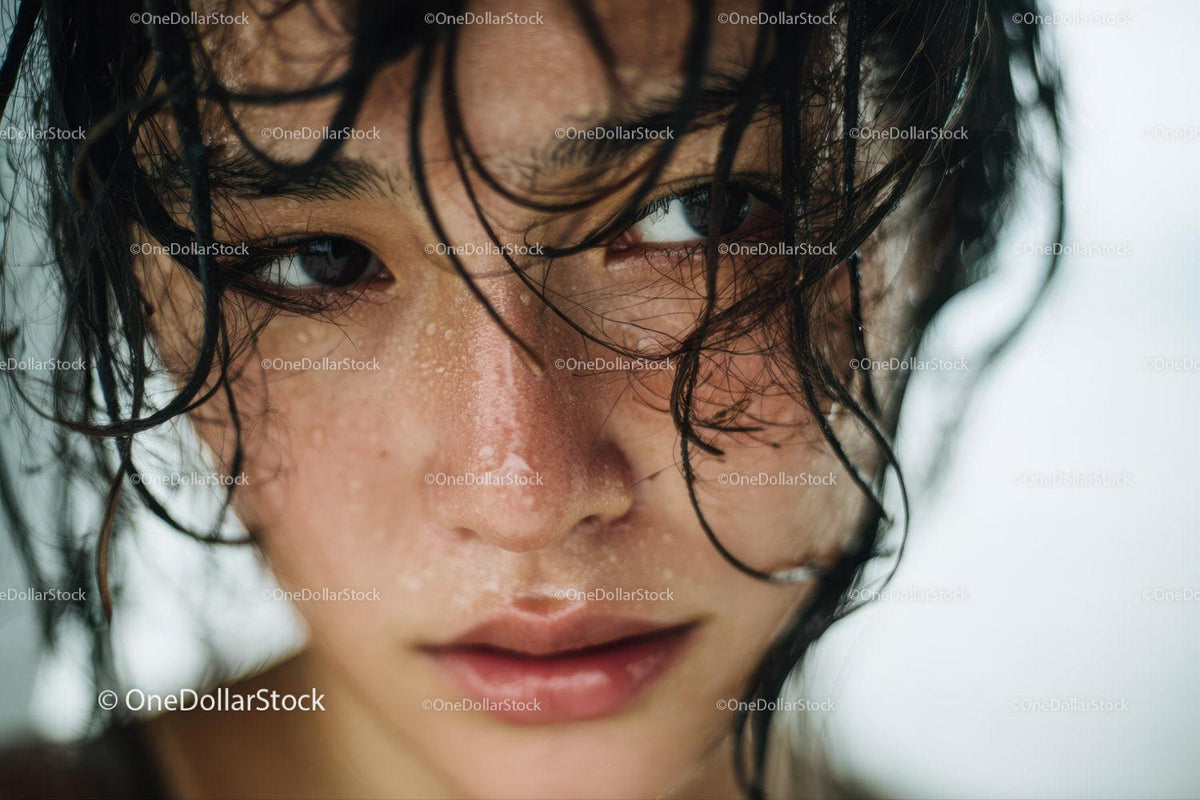 Close-up Portrait of a Woman with Wet Hair and Water Droplets